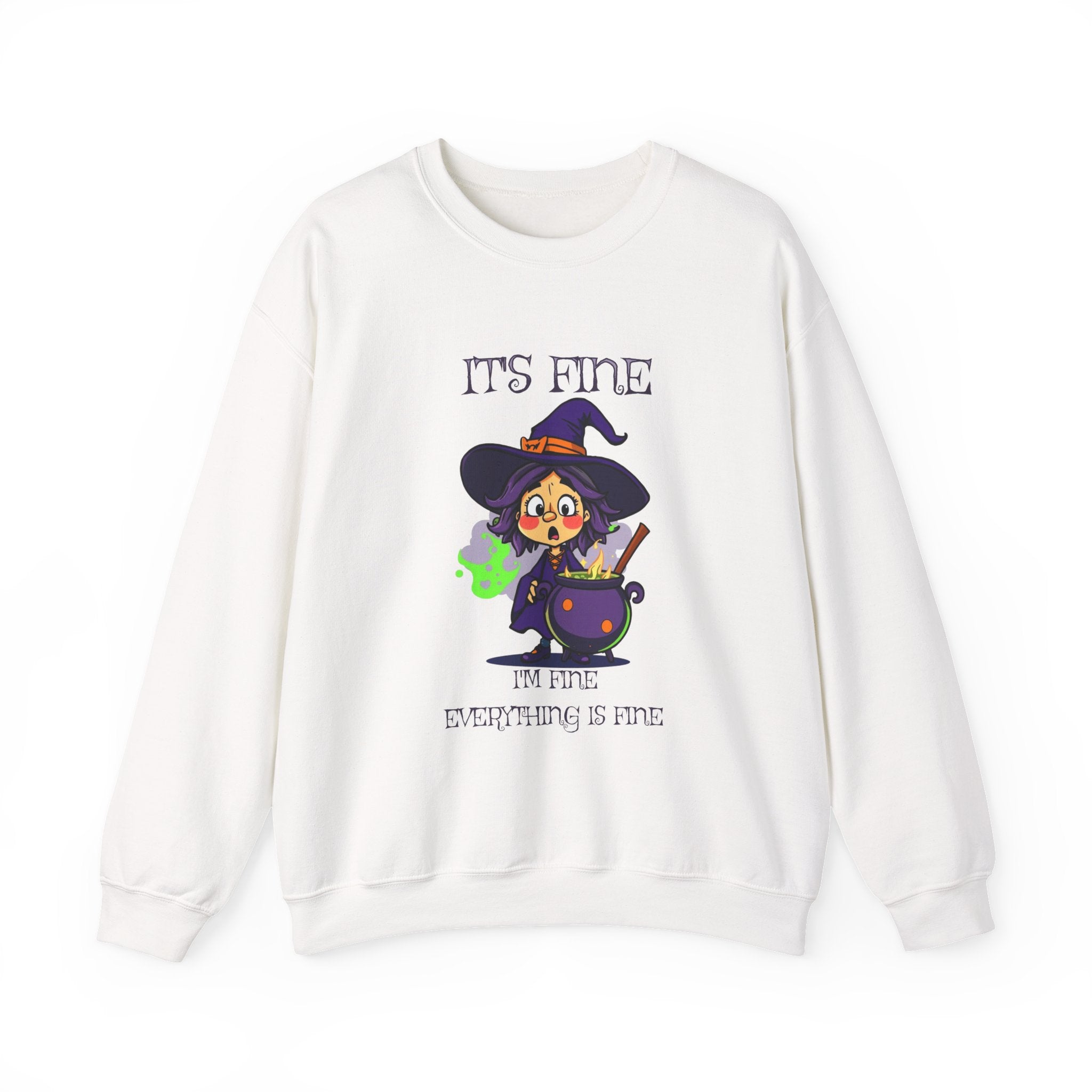 Funny Halloween Witch T-Shirt Cute Cartoon Witch with Exploded Cauldron, Spooky Season Graphic Unisex Heavy Blend™ Crewneck Sweatshirt