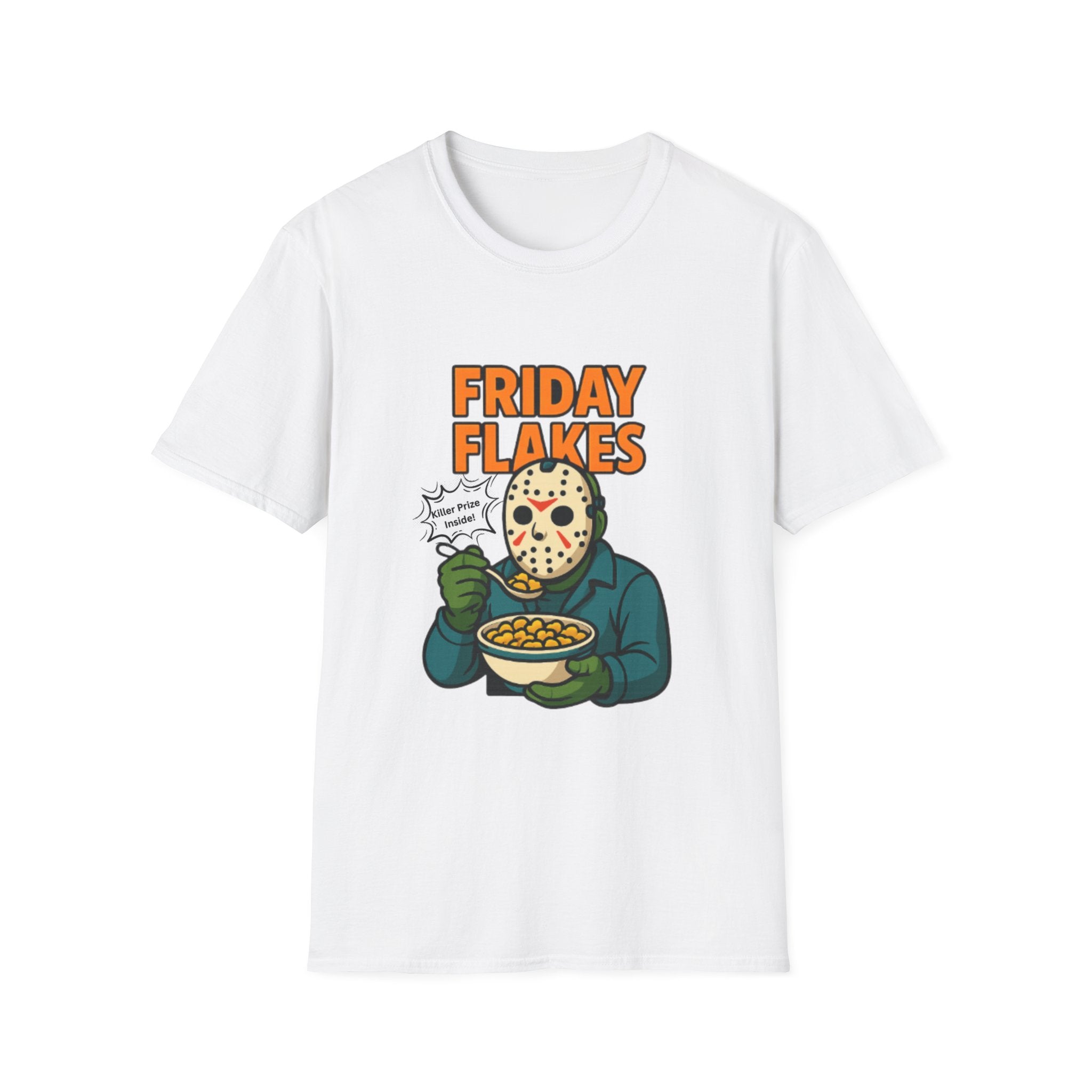 Friday Flakes Unisex Softstyle T-Shirt, Funny Horror Tee, Movie Lover Gift, Halloween Apparel, Casual Wear