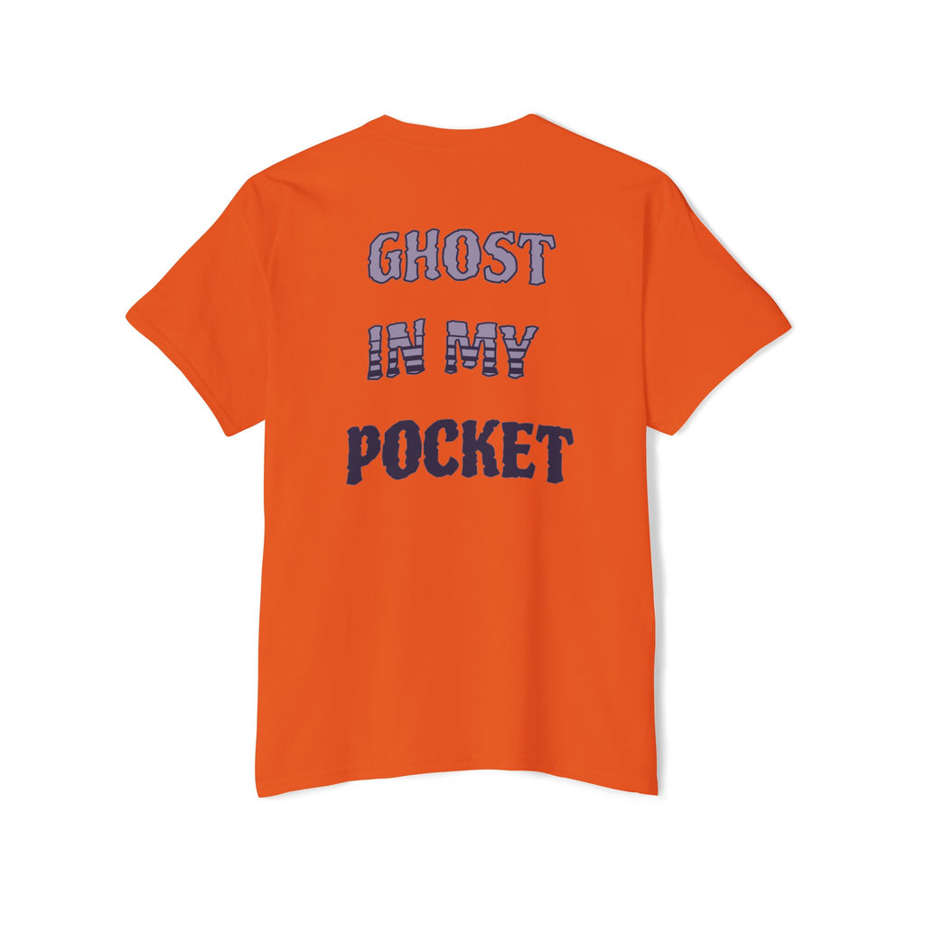 Ghost in My Pocket Unisex Heavy Cotton Tee, Cute Halloween Shirt, Funny Ghost Apparel, Pocket Tee for Fall, Gifts for Trick-or-Treaters