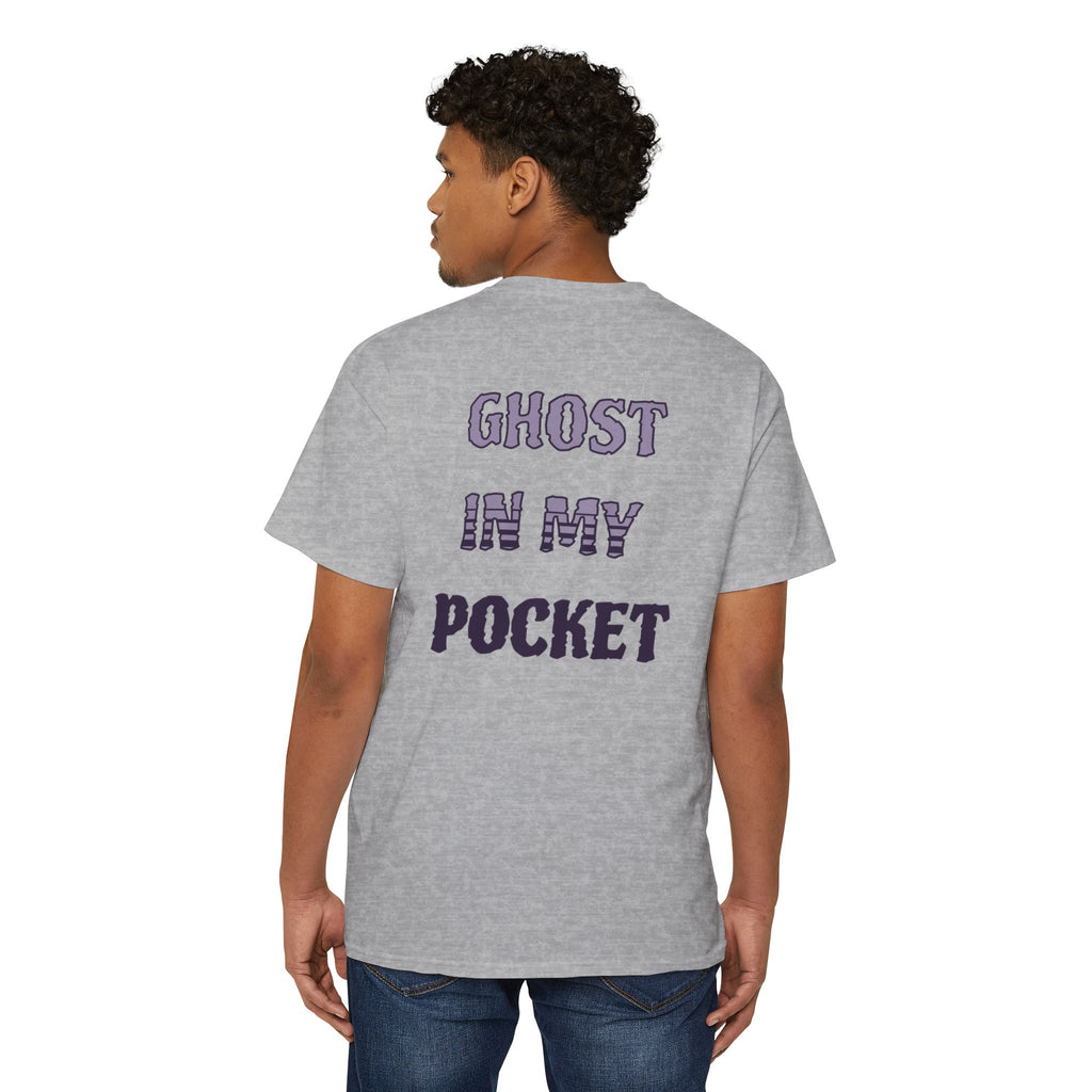 Ghost in My Pocket Unisex Heavy Cotton Tee, Cute Halloween Shirt, Funny Ghost Apparel, Pocket Tee for Fall, Gifts for Trick-or-Treaters