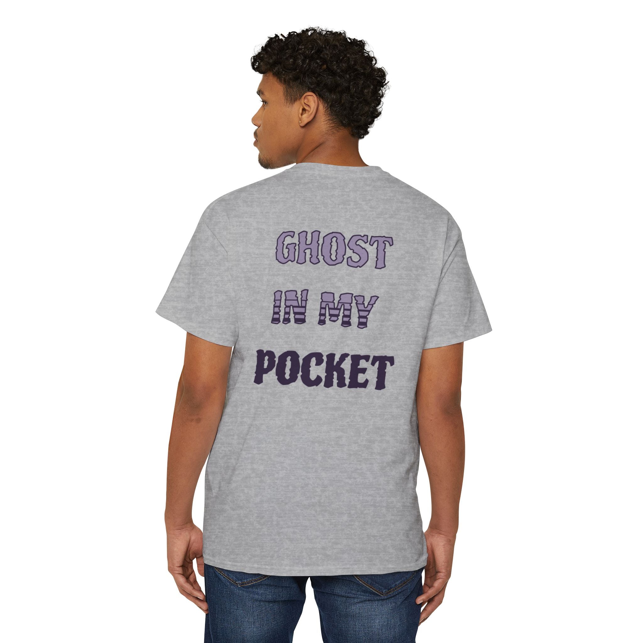 Ghost in My Pocket Unisex Heavy Cotton Tee, Cute Halloween Shirt, Funny Ghost Apparel, Pocket Tee for Fall, Gifts for Trick-or-Treaters