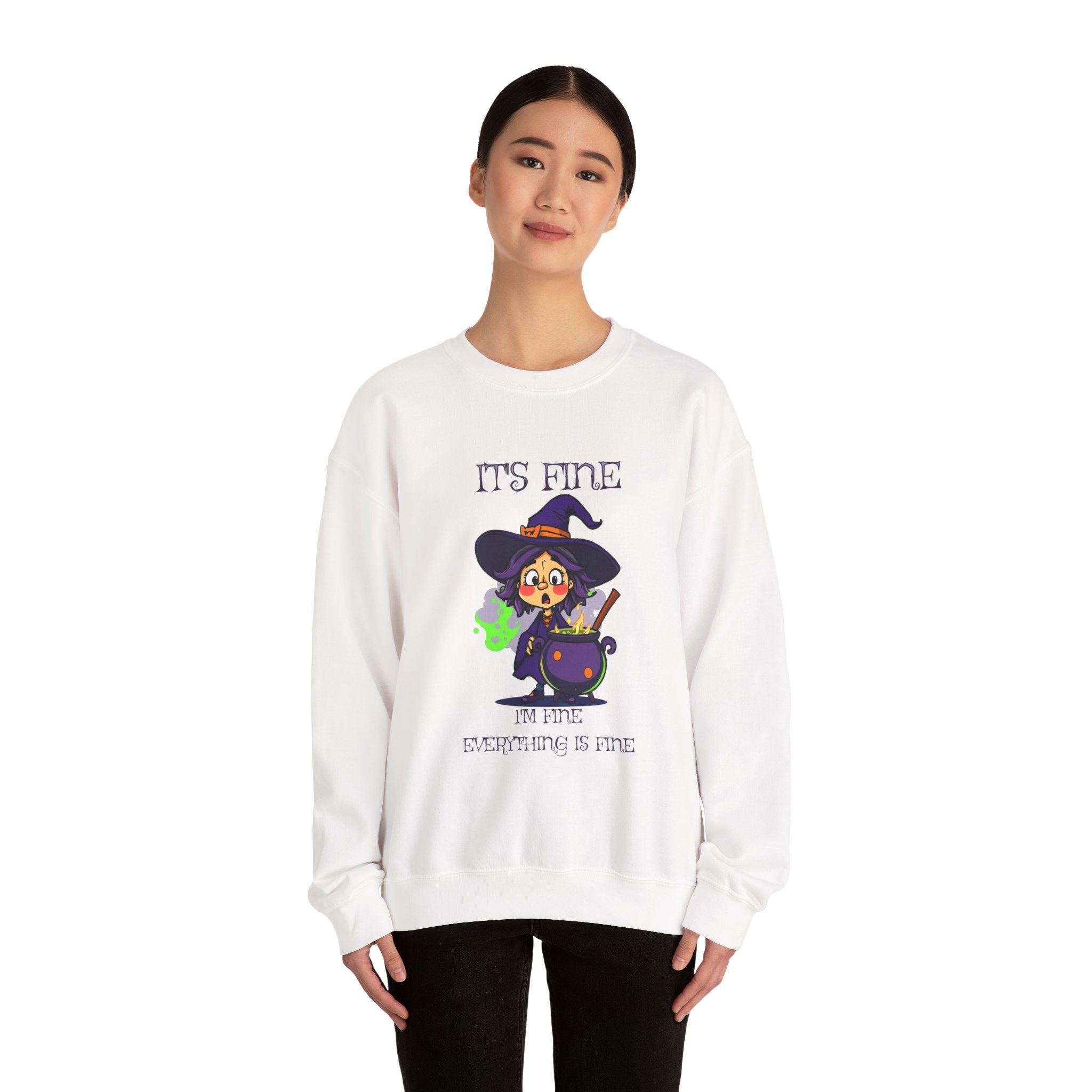 Funny Halloween Witch T-Shirt Cute Cartoon Witch with Exploded Cauldron, Spooky Season Graphic Unisex Heavy Blend™ Crewneck Sweatshirt