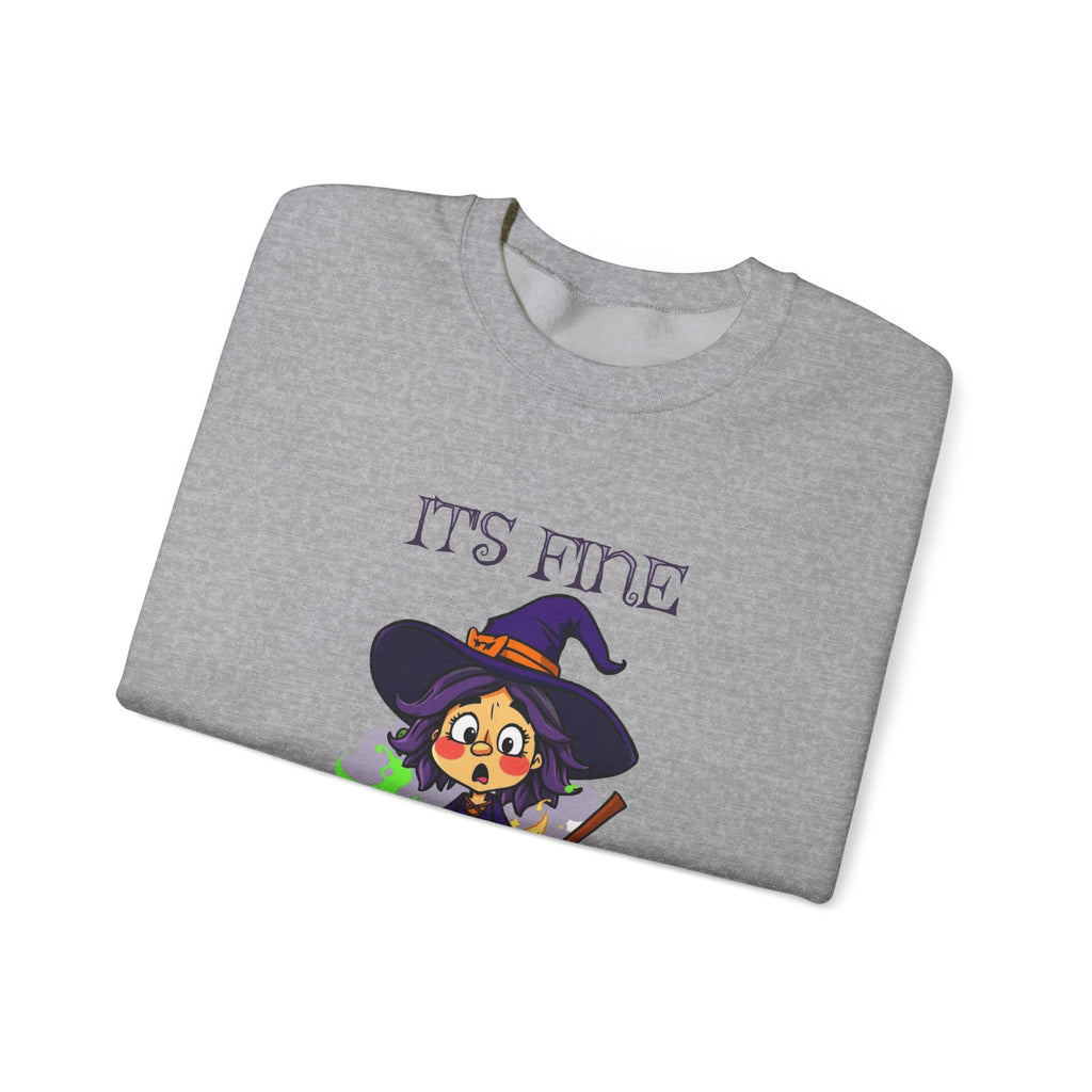 Funny Halloween Witch T-Shirt Cute Cartoon Witch with Exploded Cauldron, Spooky Season Graphic Unisex Heavy Blend™ Crewneck Sweatshirt