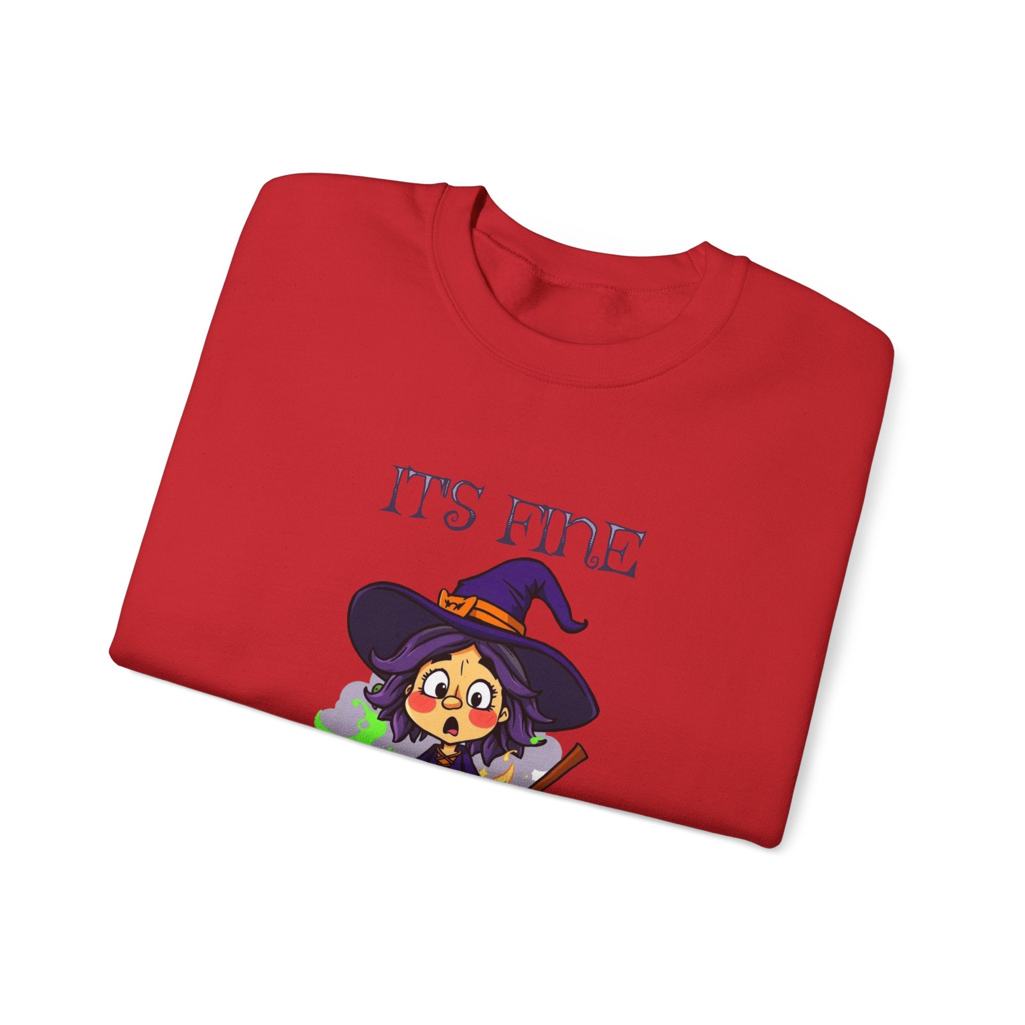 Funny Halloween Witch T-Shirt Cute Cartoon Witch with Exploded Cauldron, Spooky Season Graphic Unisex Heavy Blend™ Crewneck Sweatshirt