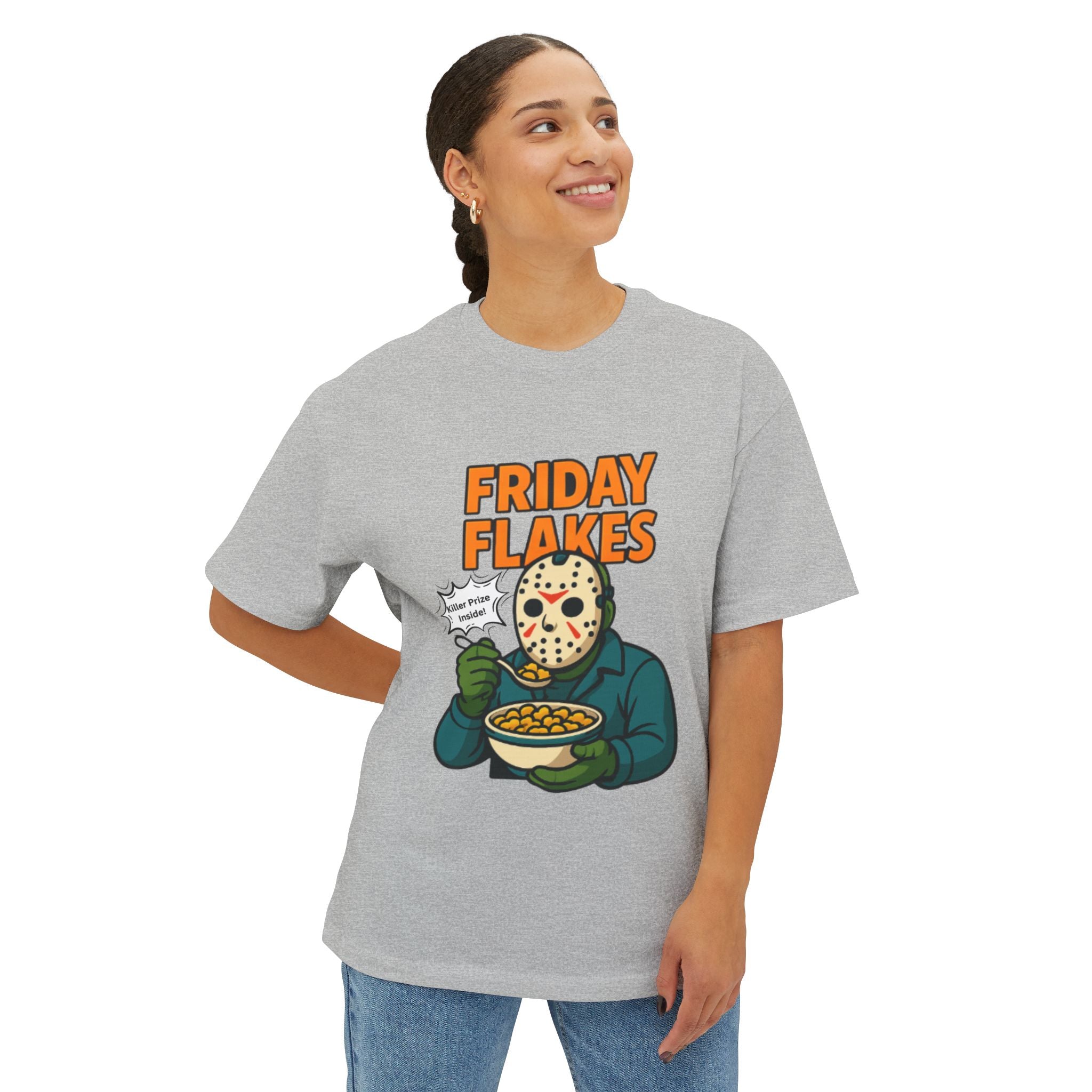Friday Flakes Unisex Oversized Tee, Funny Graphic T-Shirt, Horror Movie Shirt, Casual Wear, Gift for Fans