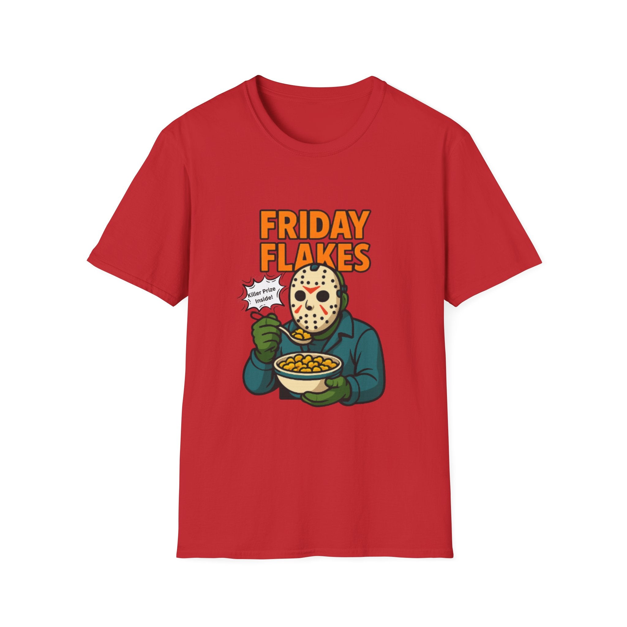 Friday Flakes Unisex Softstyle T-Shirt, Funny Horror Tee, Movie Lover Gift, Halloween Apparel, Casual Wear