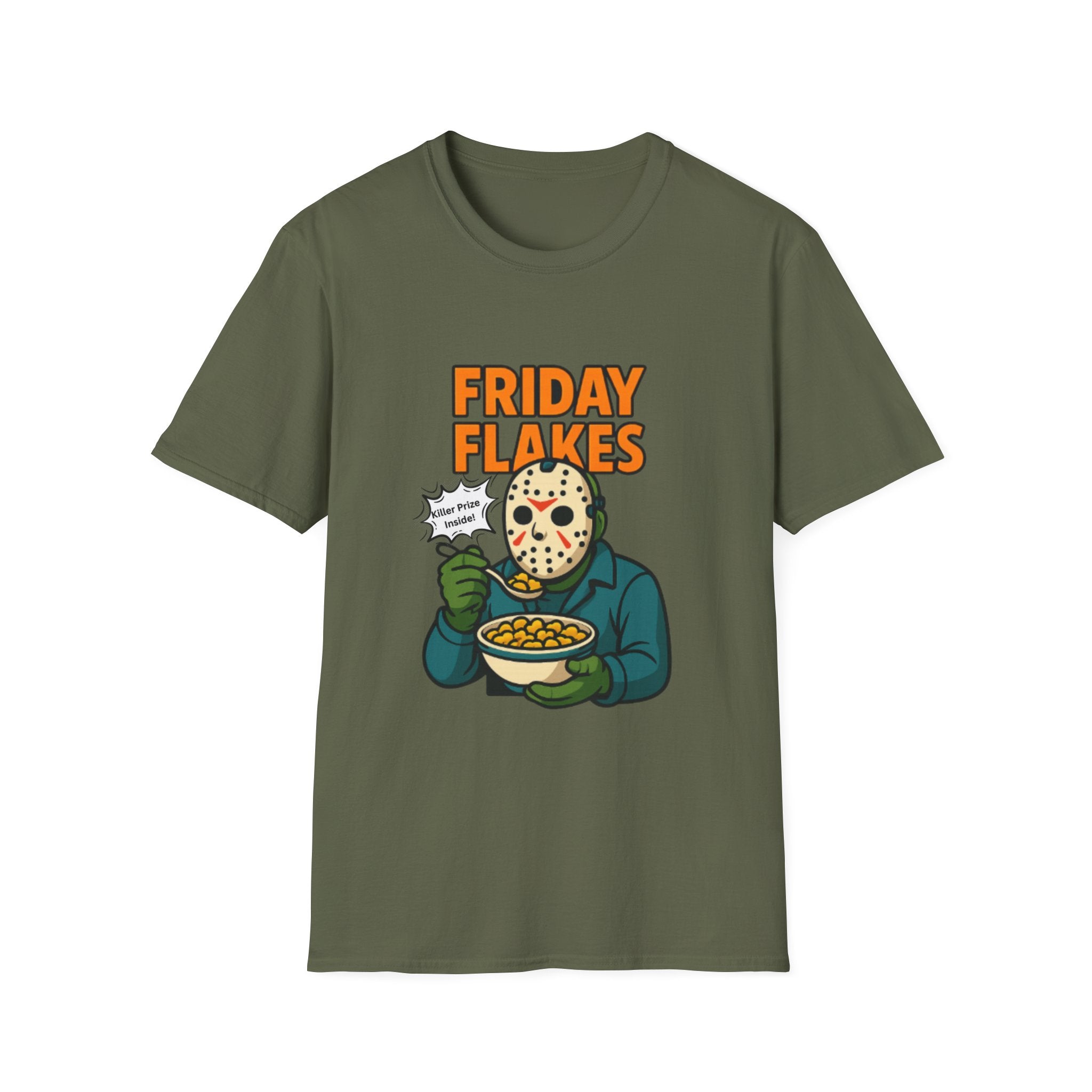 Friday Flakes Unisex Softstyle T-Shirt, Funny Horror Tee, Movie Lover Gift, Halloween Apparel, Casual Wear