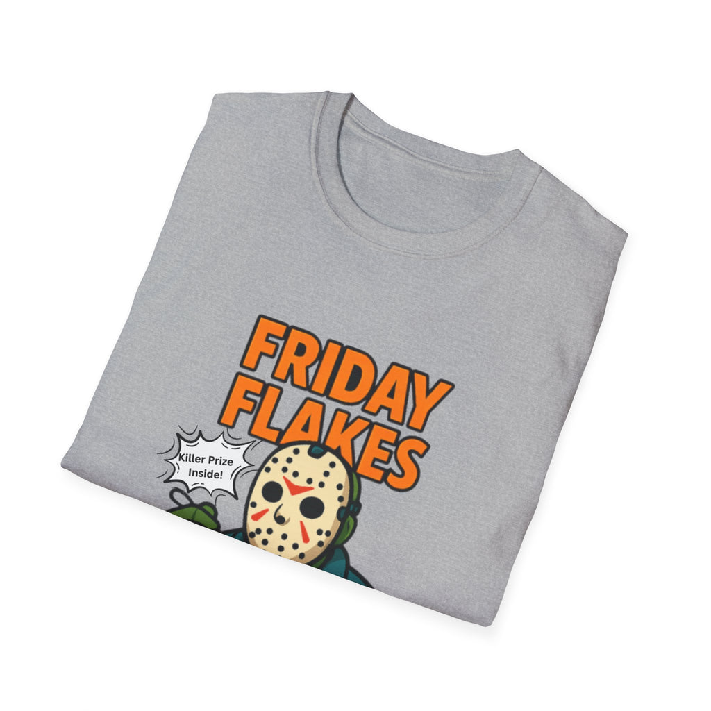 Friday Flakes Unisex Softstyle T-Shirt, Funny Horror Tee, Movie Lover Gift, Halloween Apparel, Casual Wear