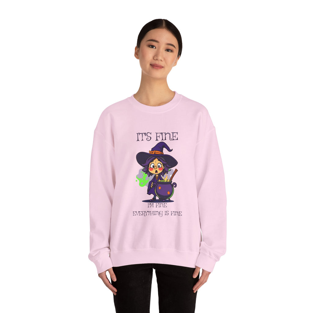 Funny Halloween Witch T-Shirt Cute Cartoon Witch with Exploded Cauldron, Spooky Season Graphic Unisex Heavy Blend™ Crewneck Sweatshirt