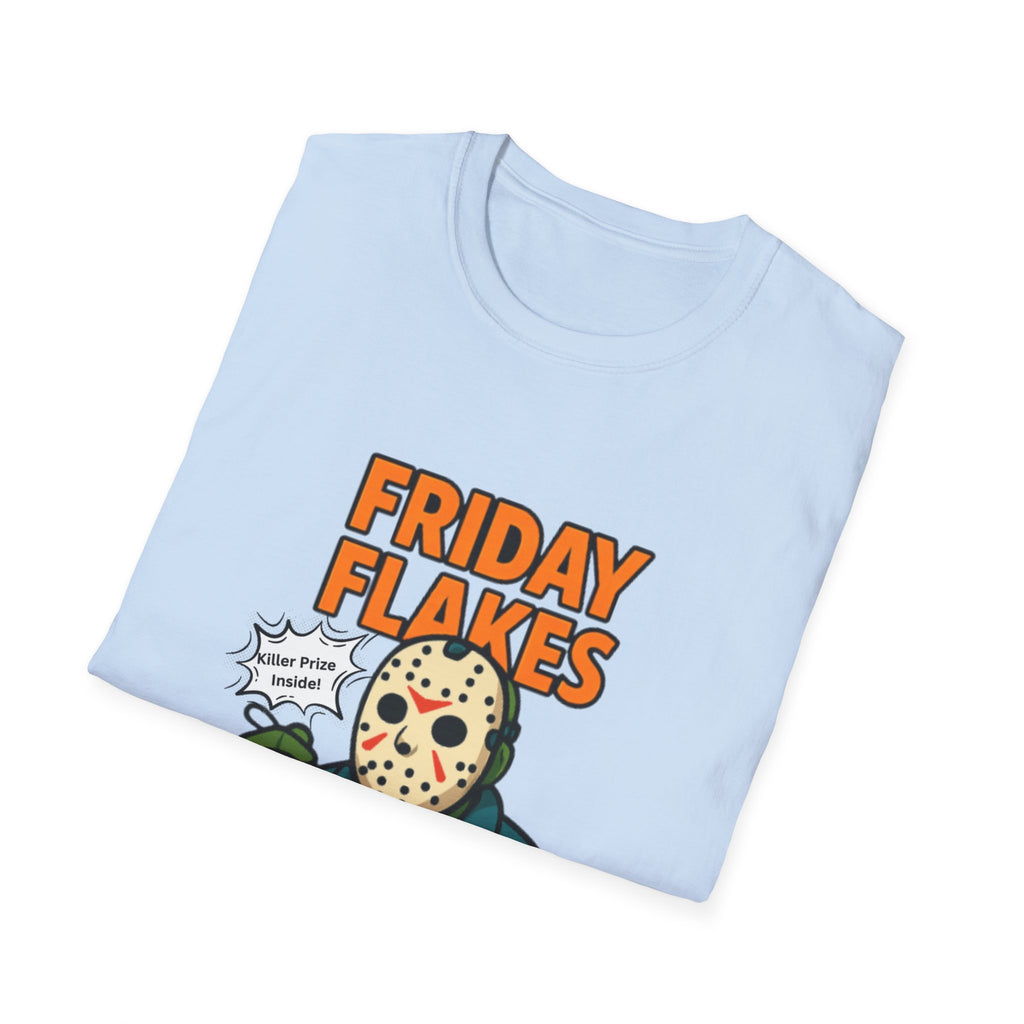 Friday Flakes Unisex Softstyle T-Shirt, Funny Horror Tee, Movie Lover Gift, Halloween Apparel, Casual Wear