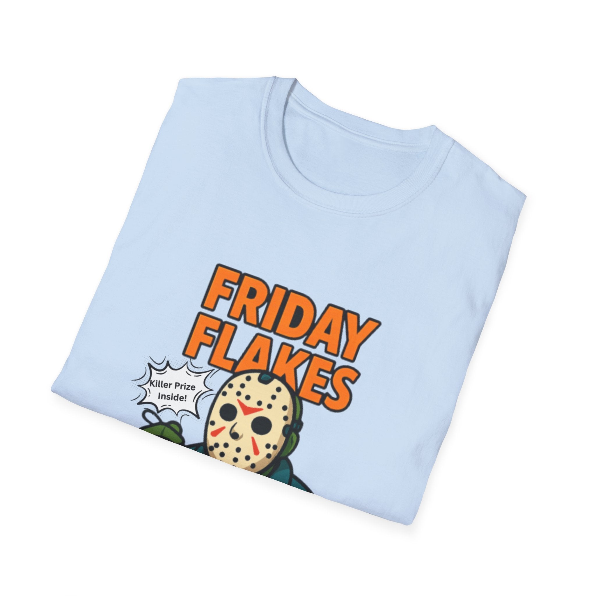 Friday Flakes Unisex Softstyle T-Shirt, Funny Horror Tee, Movie Lover Gift, Halloween Apparel, Casual Wear
