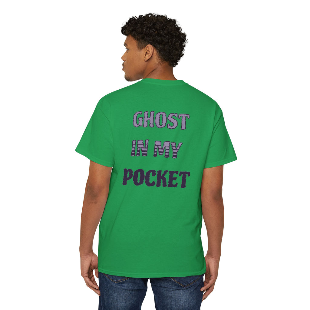 Ghost in My Pocket Unisex Heavy Cotton Tee, Cute Halloween Shirt, Funny Ghost Apparel, Pocket Tee for Fall, Gifts for Trick-or-Treaters