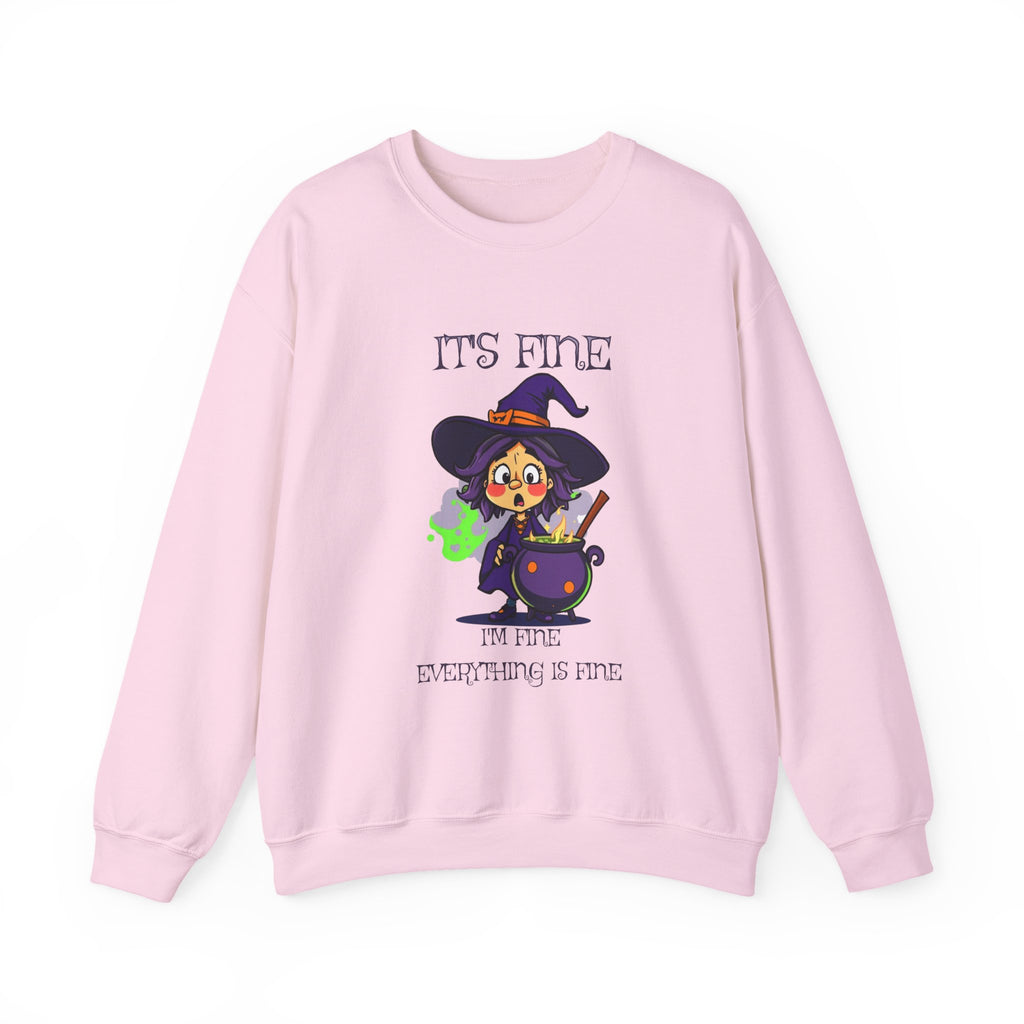 Funny Halloween Witch T-Shirt Cute Cartoon Witch with Exploded Cauldron, Spooky Season Graphic Unisex Heavy Blend™ Crewneck Sweatshirt