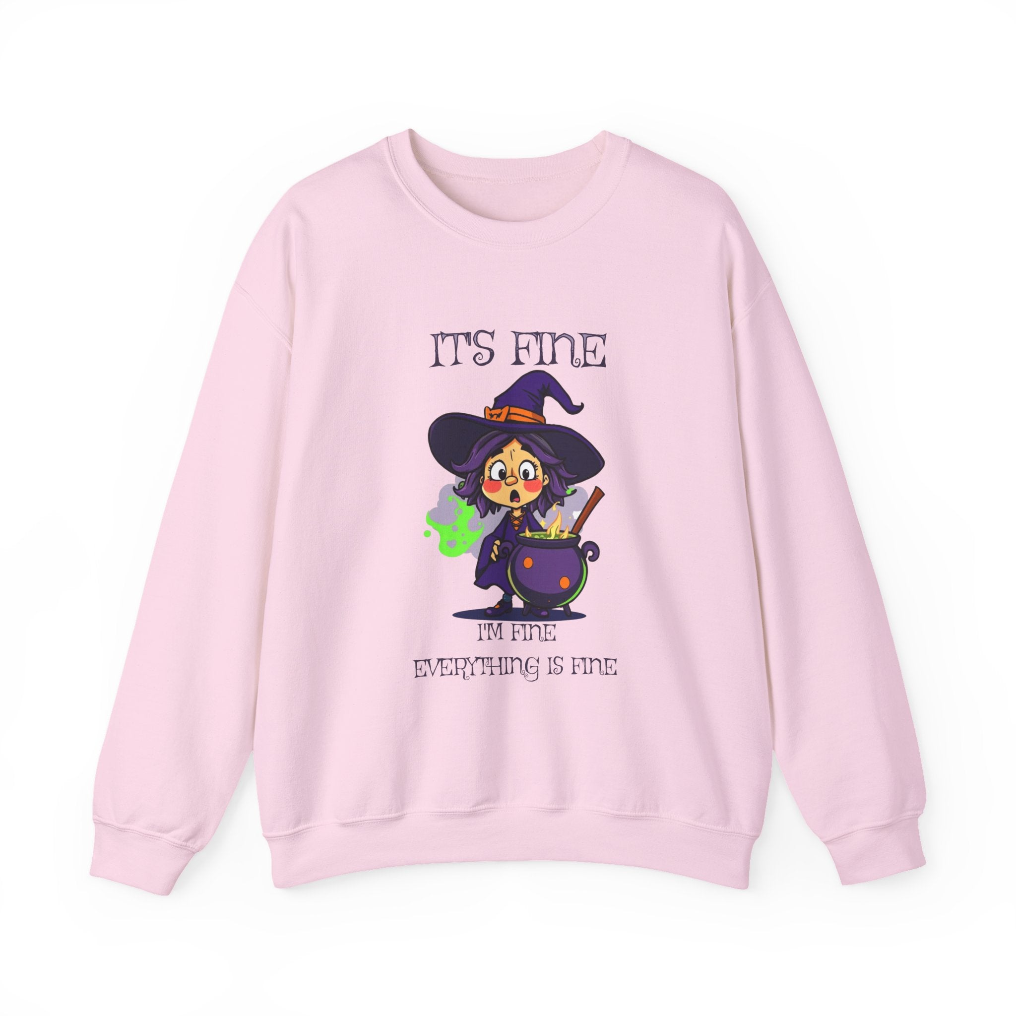 Funny Halloween Witch T-Shirt Cute Cartoon Witch with Exploded Cauldron, Spooky Season Graphic Unisex Heavy Blend™ Crewneck Sweatshirt