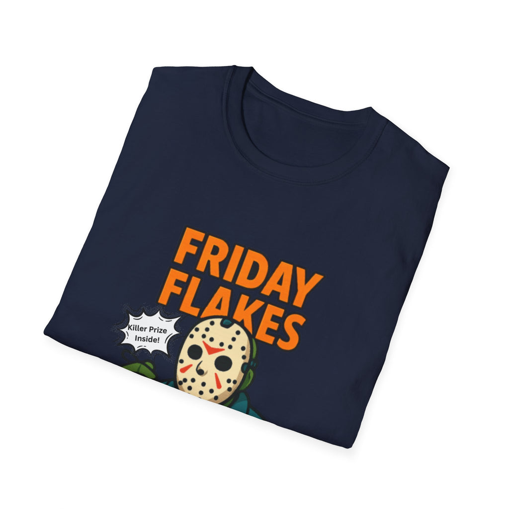 Friday Flakes Unisex Softstyle T-Shirt, Funny Horror Tee, Movie Lover Gift, Halloween Apparel, Casual Wear