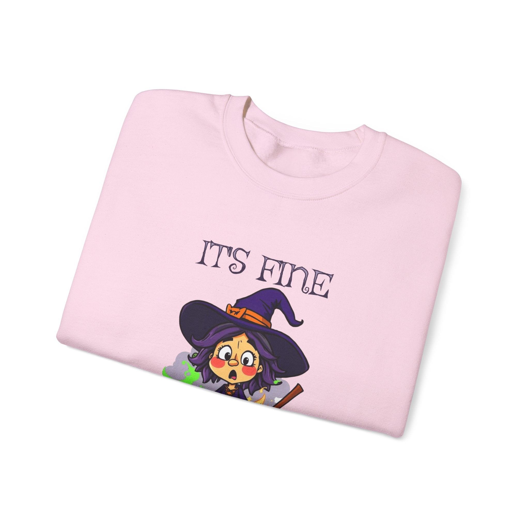 Funny Halloween Witch T-Shirt Cute Cartoon Witch with Exploded Cauldron, Spooky Season Graphic Unisex Heavy Blend™ Crewneck Sweatshirt