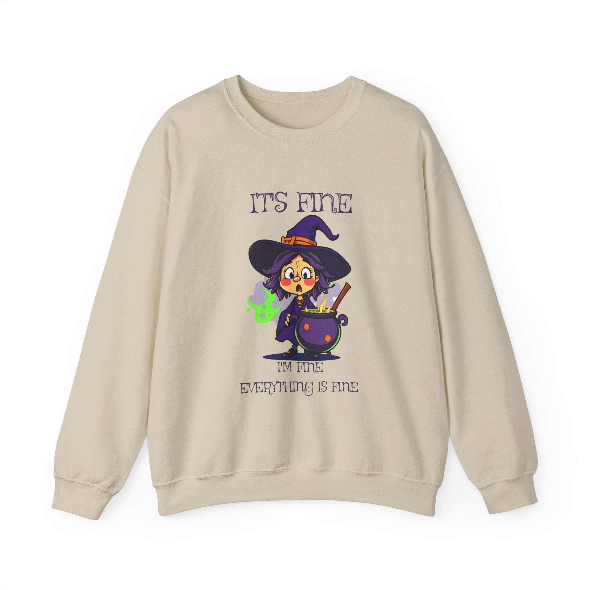Funny Halloween Witch T-Shirt Cute Cartoon Witch with Exploded Cauldron, Spooky Season Graphic Unisex Heavy Blend™ Crewneck Sweatshirt