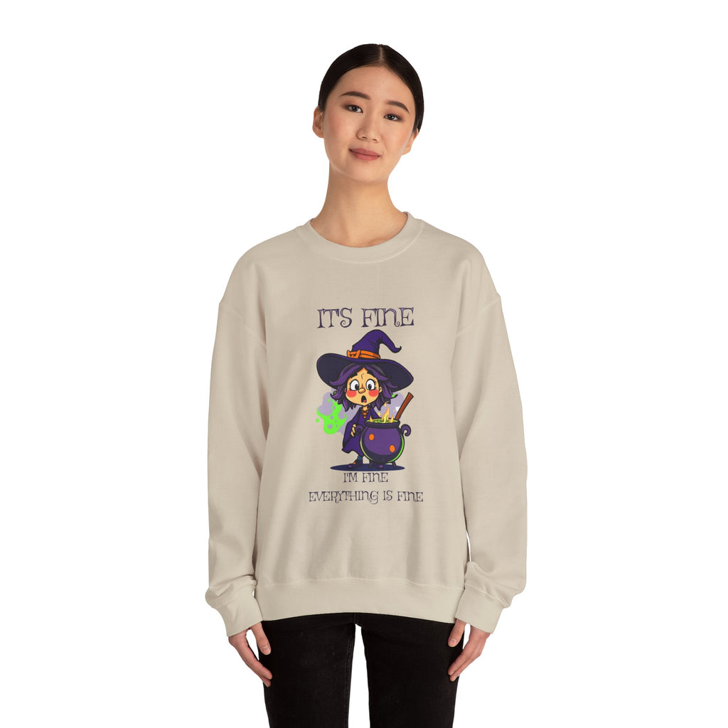 Funny Halloween Witch T-Shirt Cute Cartoon Witch with Exploded Cauldron, Spooky Season Graphic Unisex Heavy Blend™ Crewneck Sweatshirt