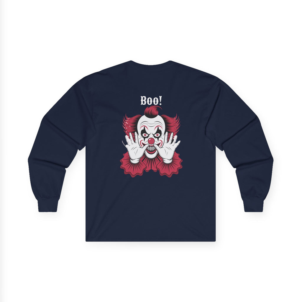 Creepy Clown Long Sleeve Tee - Halloween Costume, Scary Shirt, Unisex Spooky Apparel, Gothic Fashion, October Event Wear