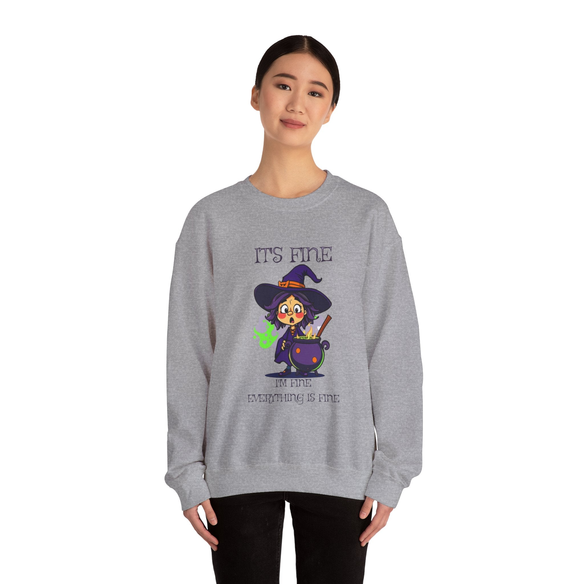 Funny Halloween Witch T-Shirt Cute Cartoon Witch with Exploded Cauldron, Spooky Season Graphic Unisex Heavy Blend™ Crewneck Sweatshirt