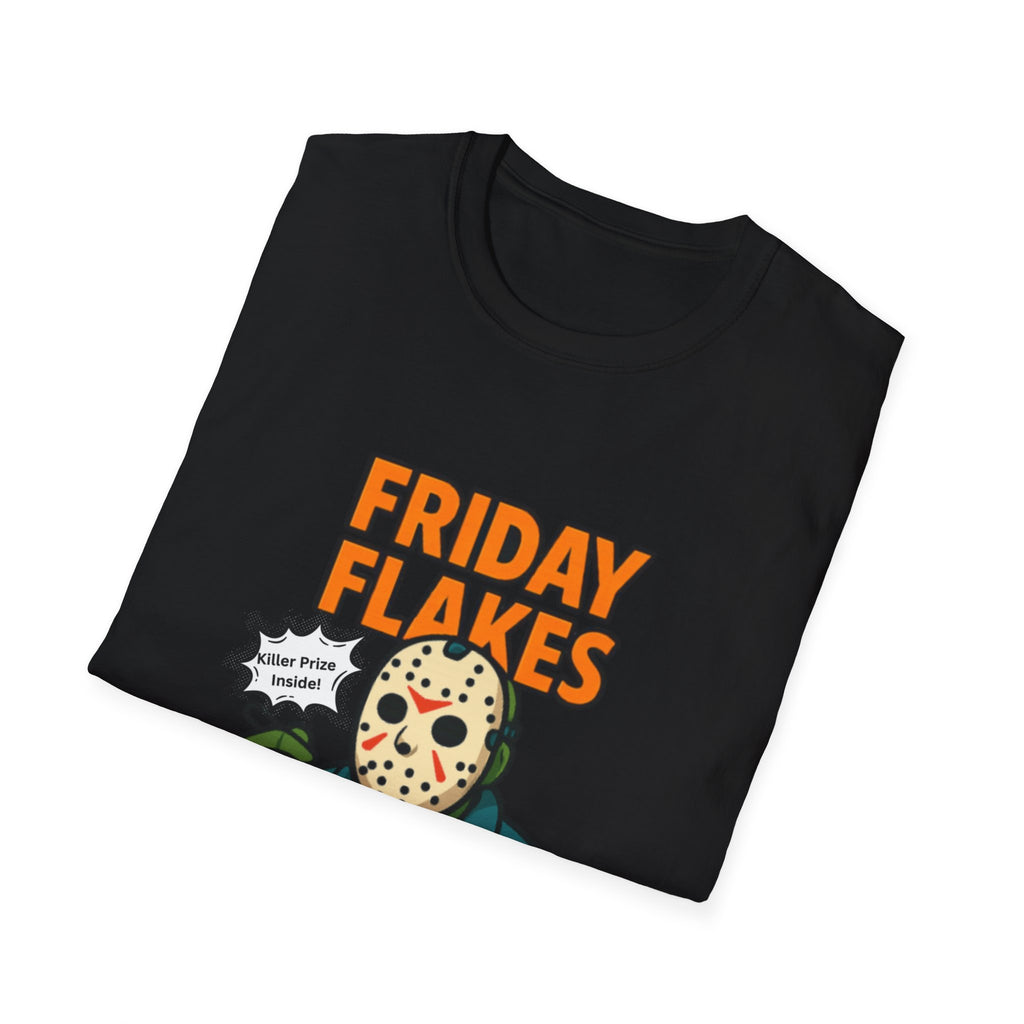 Friday Flakes Unisex Softstyle T-Shirt, Funny Horror Tee, Movie Lover Gift, Halloween Apparel, Casual Wear