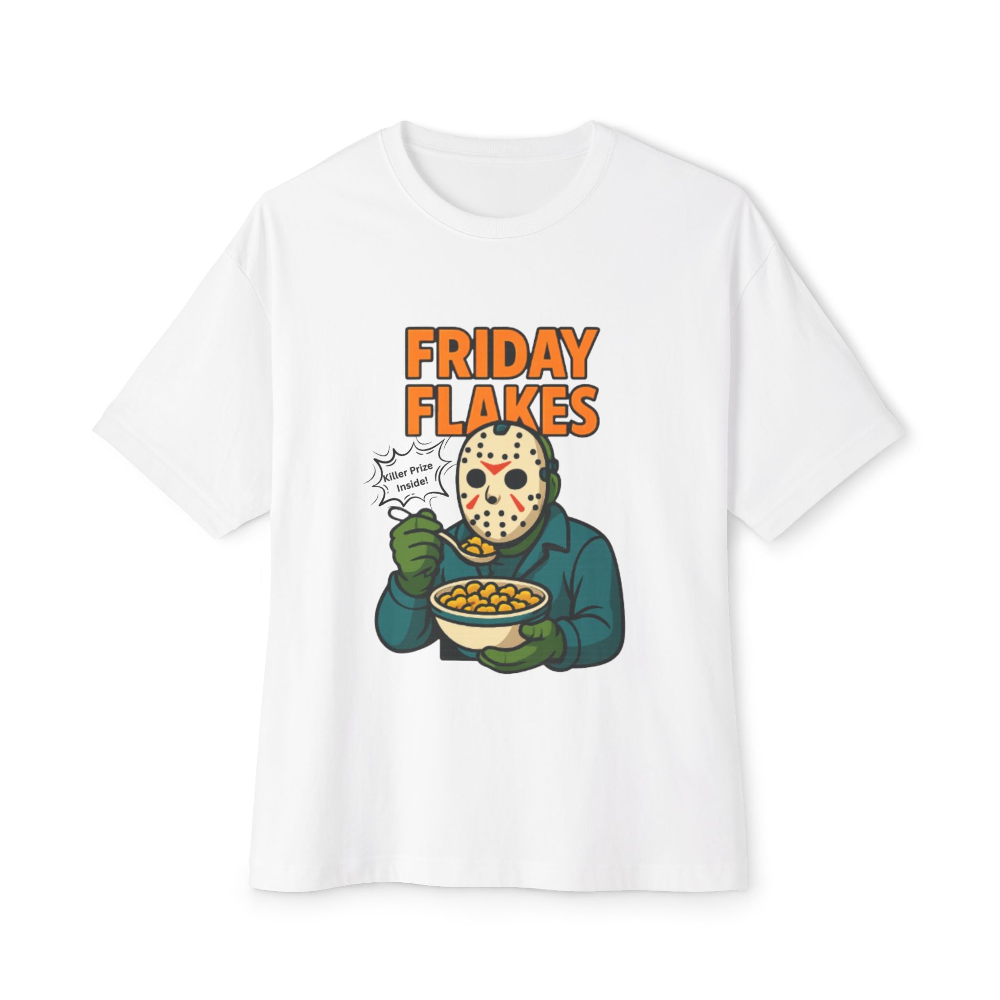 Friday Flakes Unisex Oversized Tee, Funny Graphic T-Shirt, Horror Movie Shirt, Casual Wear, Gift for Fans