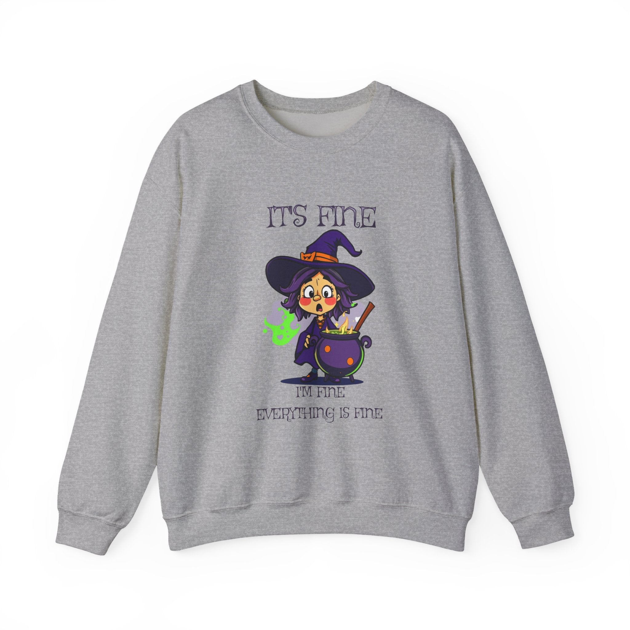 Funny Halloween Witch T-Shirt Cute Cartoon Witch with Exploded Cauldron, Spooky Season Graphic Unisex Heavy Blend™ Crewneck Sweatshirt
