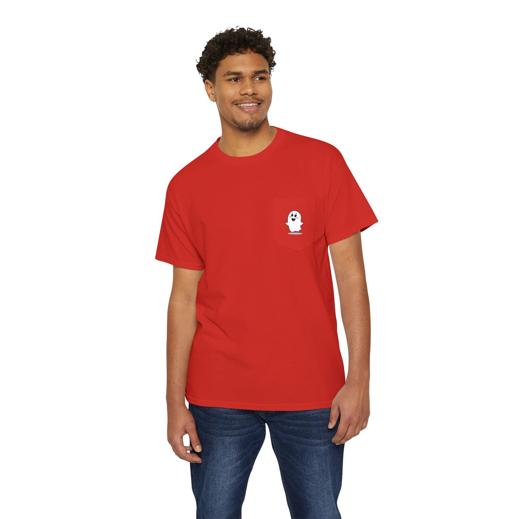 Ghost in My Pocket Unisex Heavy Cotton Tee, Cute Halloween Shirt, Funny Ghost Apparel, Pocket Tee for Fall, Gifts for Trick-or-Treaters