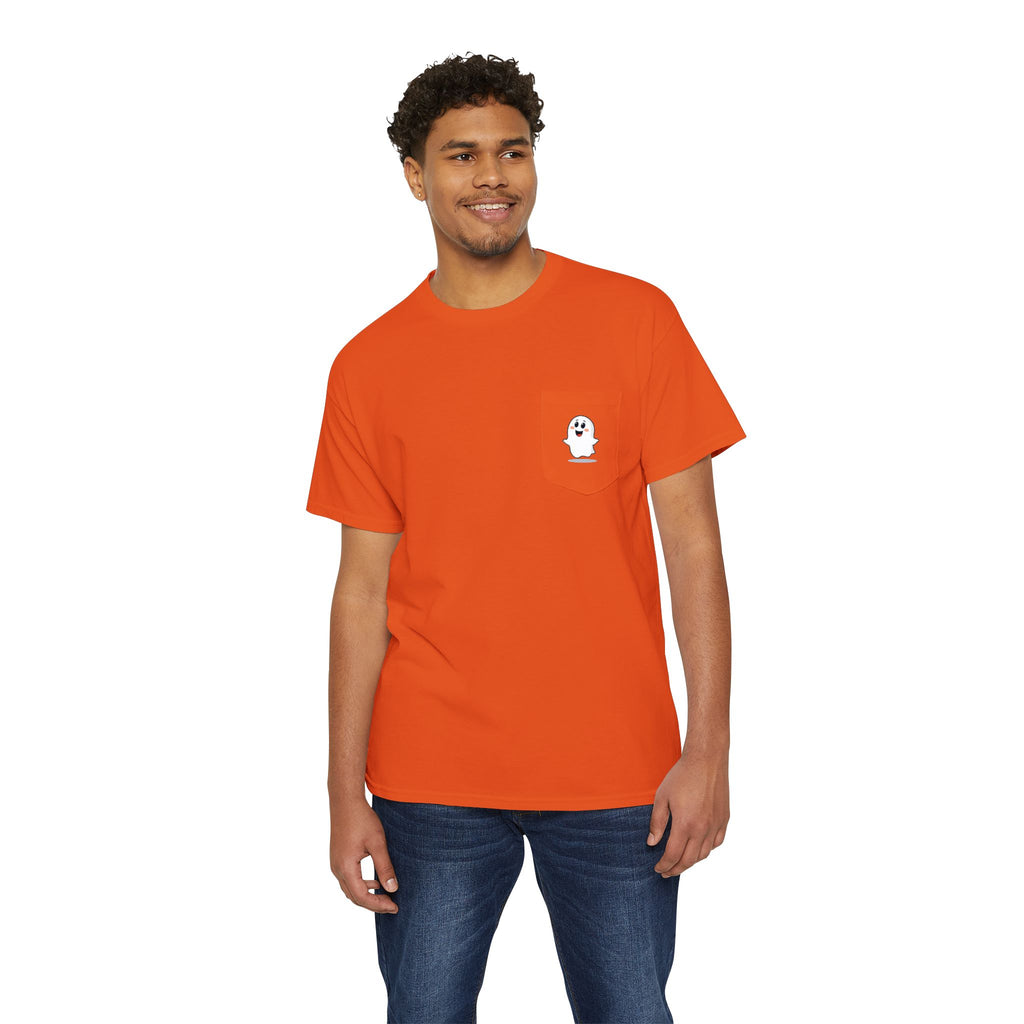 Ghost in My Pocket Unisex Heavy Cotton Tee, Cute Halloween Shirt, Funny Ghost Apparel, Pocket Tee for Fall, Gifts for Trick-or-Treaters