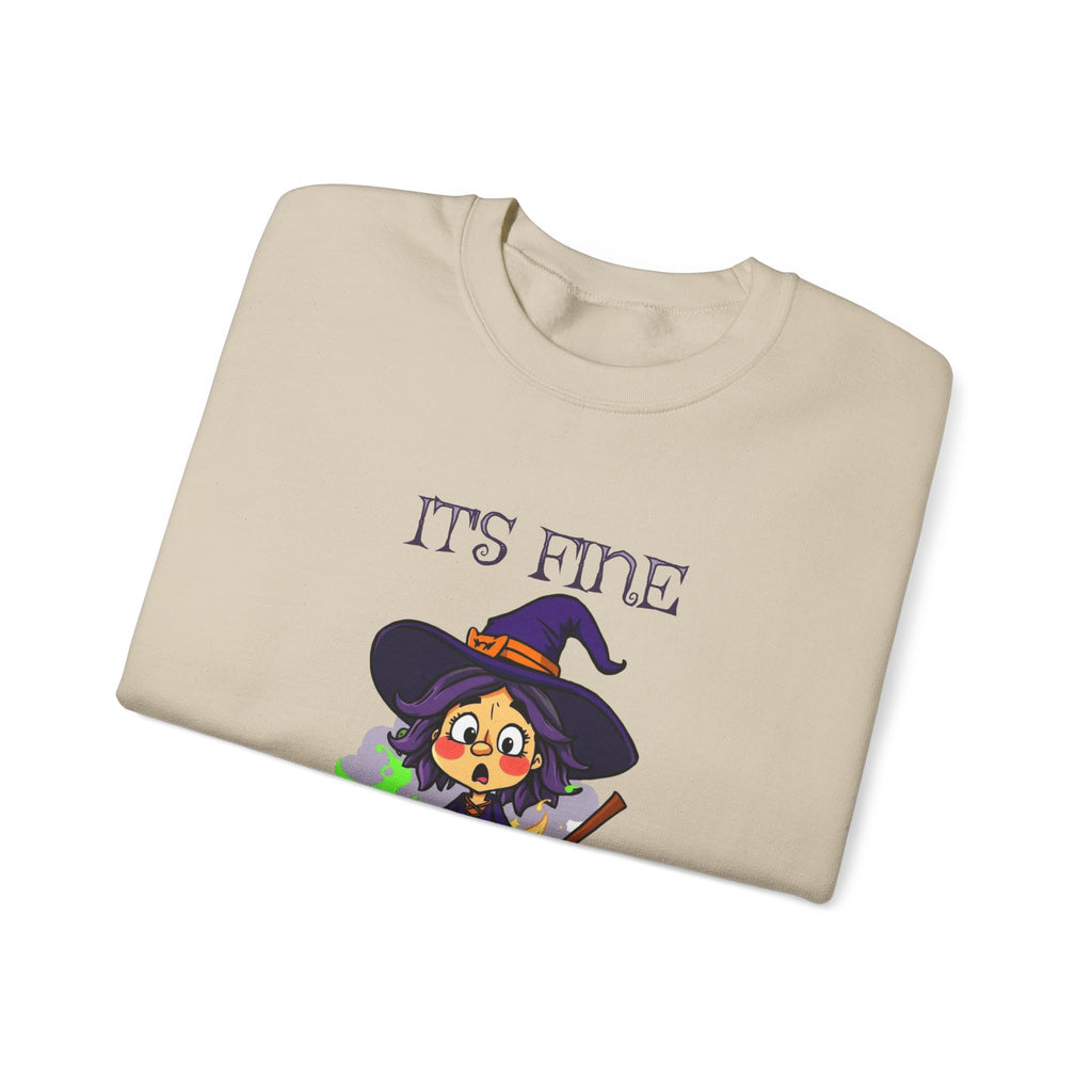 Funny Halloween Witch T-Shirt Cute Cartoon Witch with Exploded Cauldron, Spooky Season Graphic Unisex Heavy Blend™ Crewneck Sweatshirt