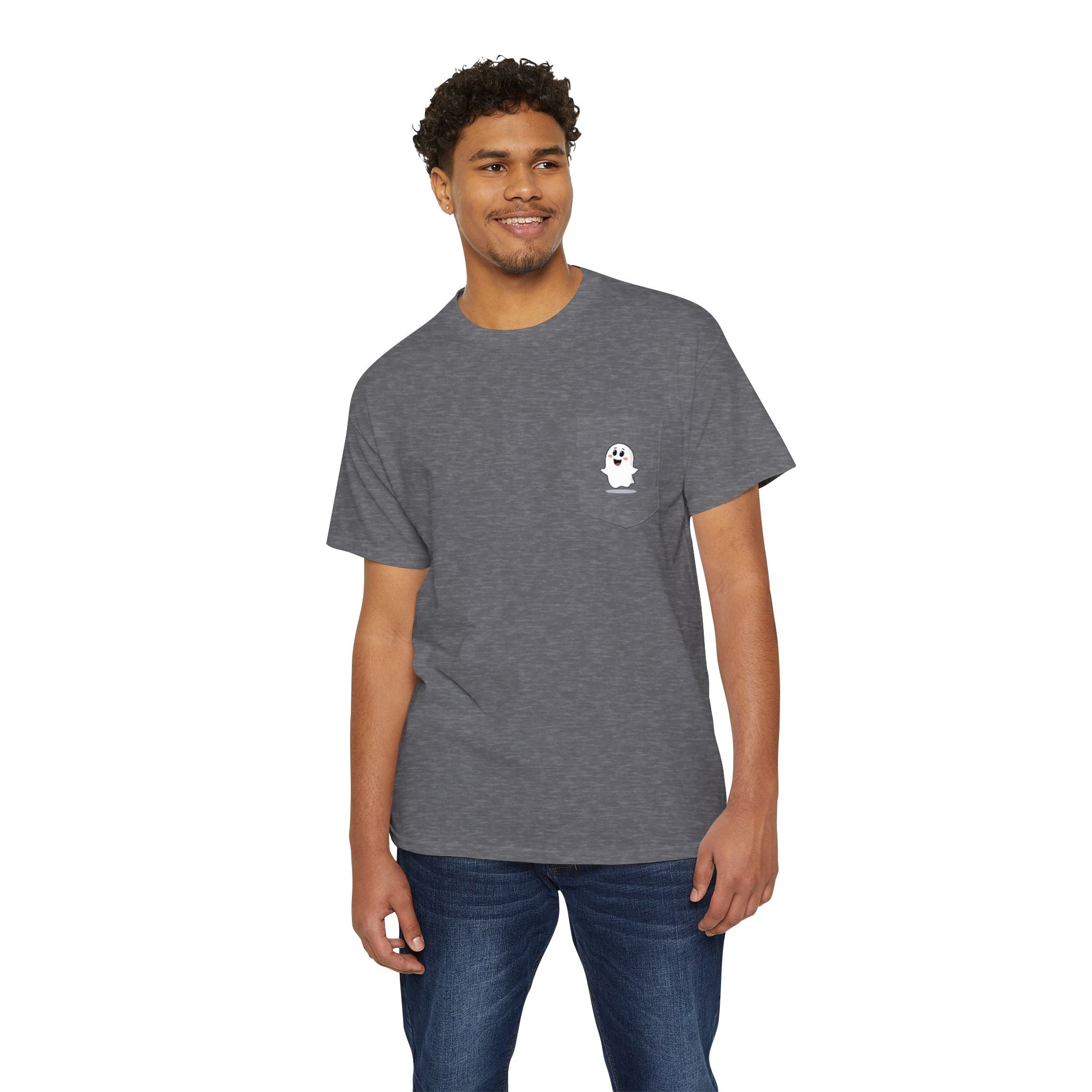 Ghost in My Pocket Unisex Heavy Cotton Tee, Cute Halloween Shirt, Funny Ghost Apparel, Pocket Tee for Fall, Gifts for Trick-or-Treaters