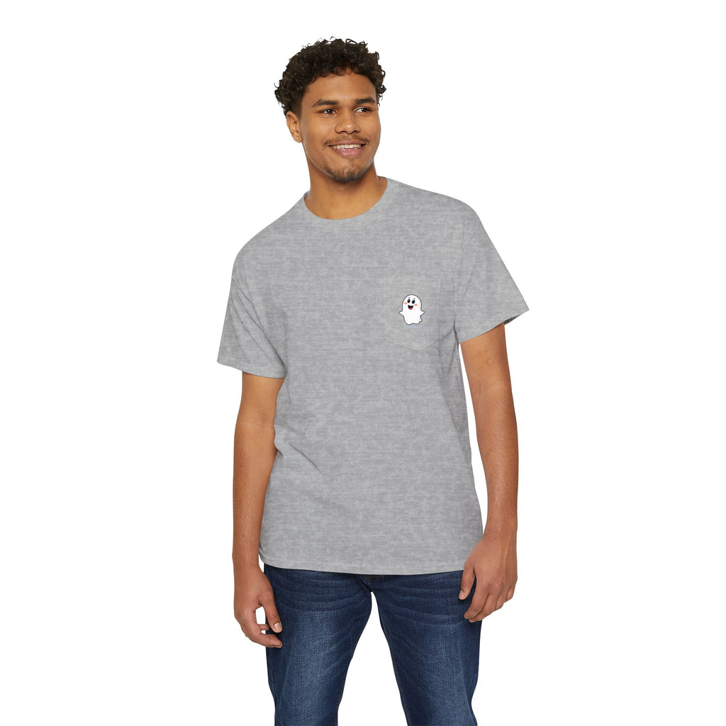 Ghost in My Pocket Unisex Heavy Cotton Tee, Cute Halloween Shirt, Funny Ghost Apparel, Pocket Tee for Fall, Gifts for Trick-or-Treaters