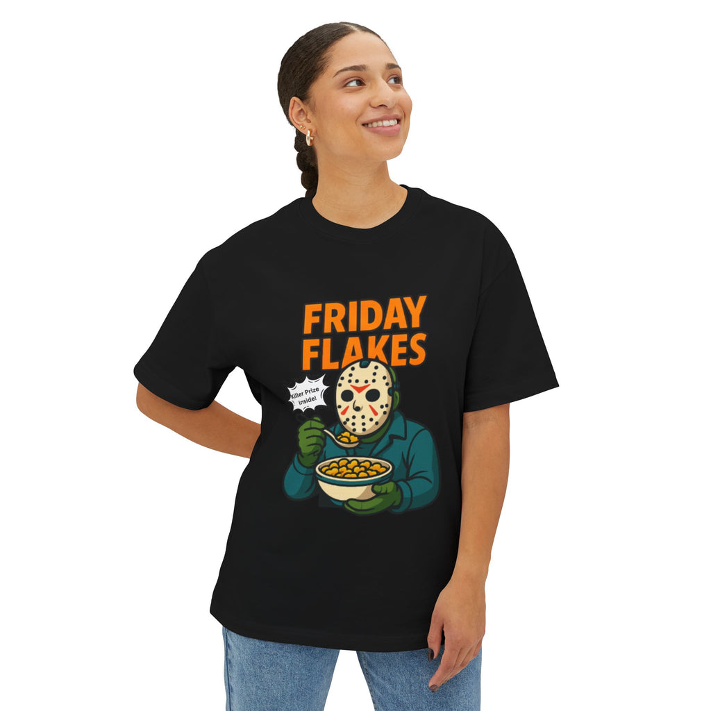 Friday Flakes Unisex Oversized Tee, Funny Graphic T-Shirt, Horror Movie Shirt, Casual Wear, Gift for Fans