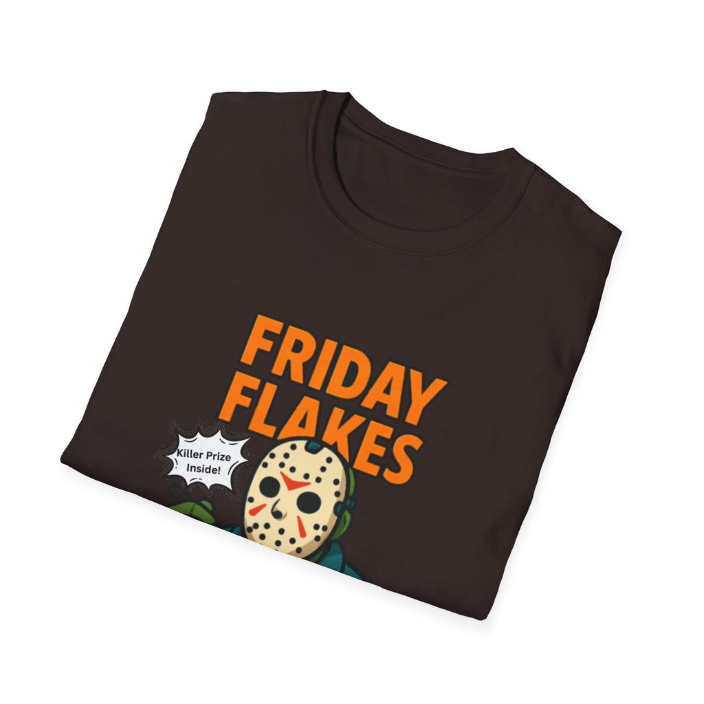 Friday Flakes Unisex Softstyle T-Shirt, Funny Horror Tee, Movie Lover Gift, Halloween Apparel, Casual Wear