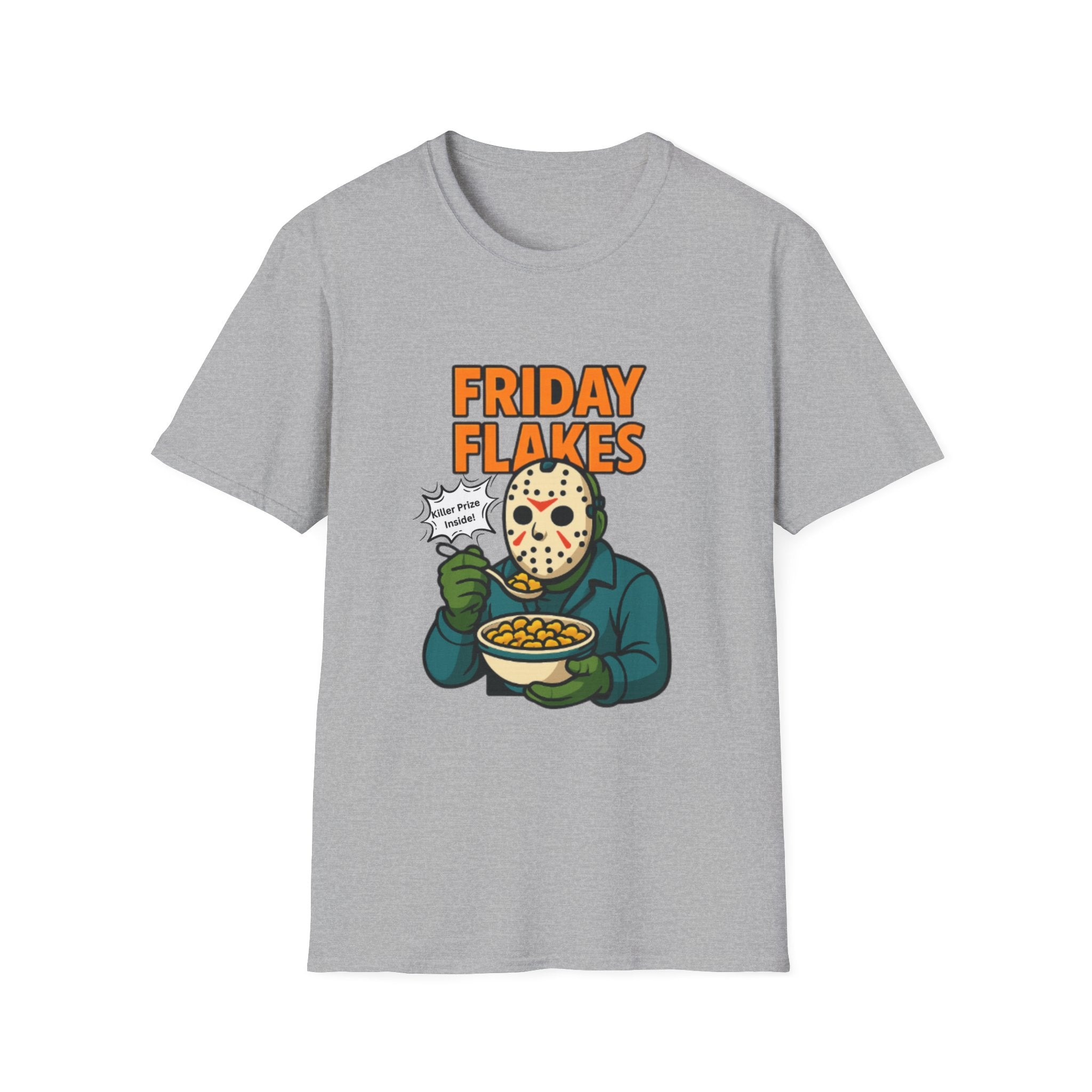 Friday Flakes Unisex Softstyle T-Shirt, Funny Horror Tee, Movie Lover Gift, Halloween Apparel, Casual Wear