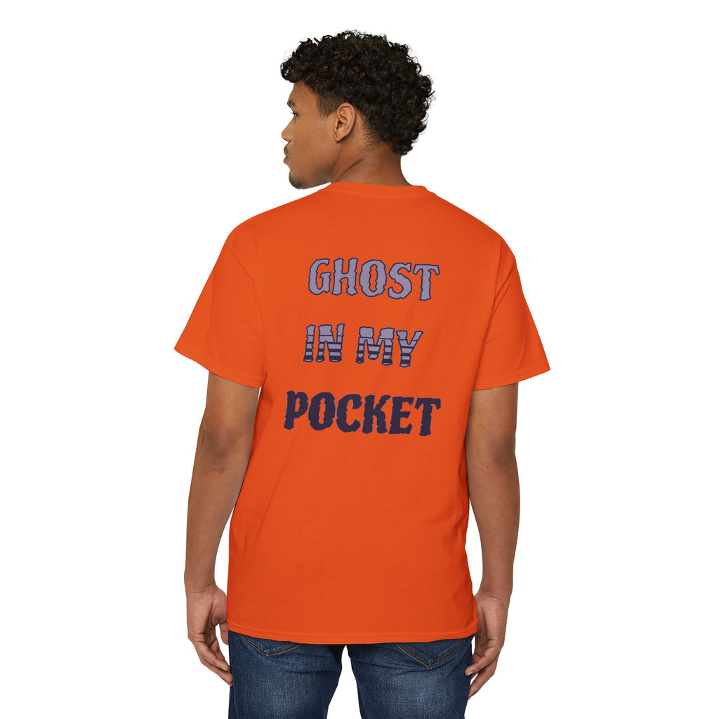 Ghost in My Pocket Unisex Heavy Cotton Tee, Cute Halloween Shirt, Funny Ghost Apparel, Pocket Tee for Fall, Gifts for Trick-or-Treaters