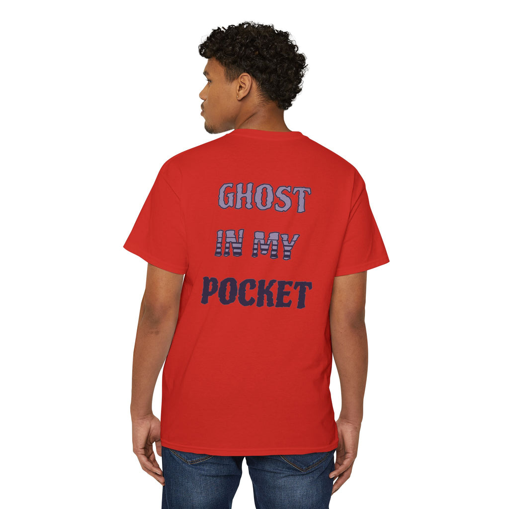 Ghost in My Pocket Unisex Heavy Cotton Tee, Cute Halloween Shirt, Funny Ghost Apparel, Pocket Tee for Fall, Gifts for Trick-or-Treaters