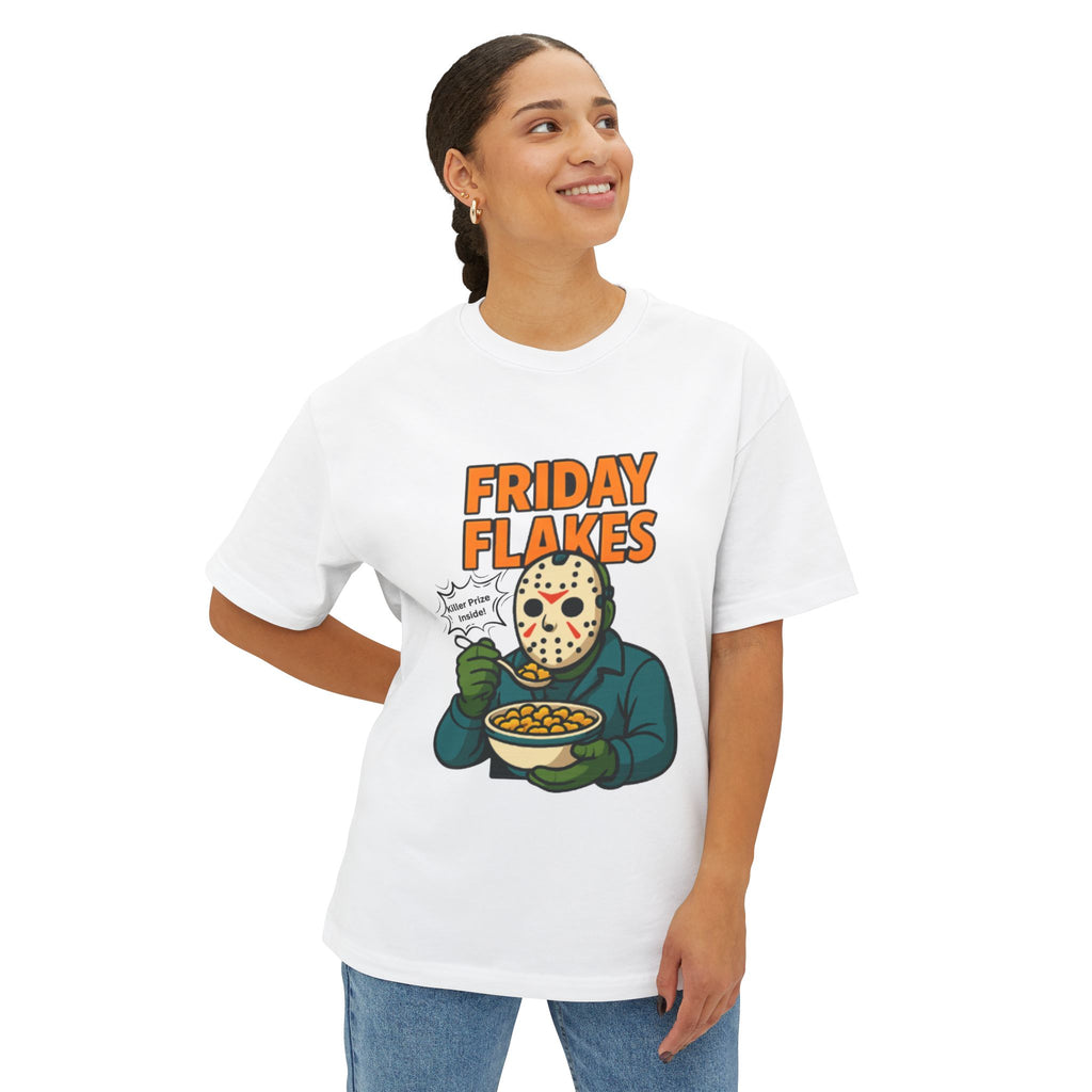 Friday Flakes Unisex Oversized Tee, Funny Graphic T-Shirt, Horror Movie Shirt, Casual Wear, Gift for Fans