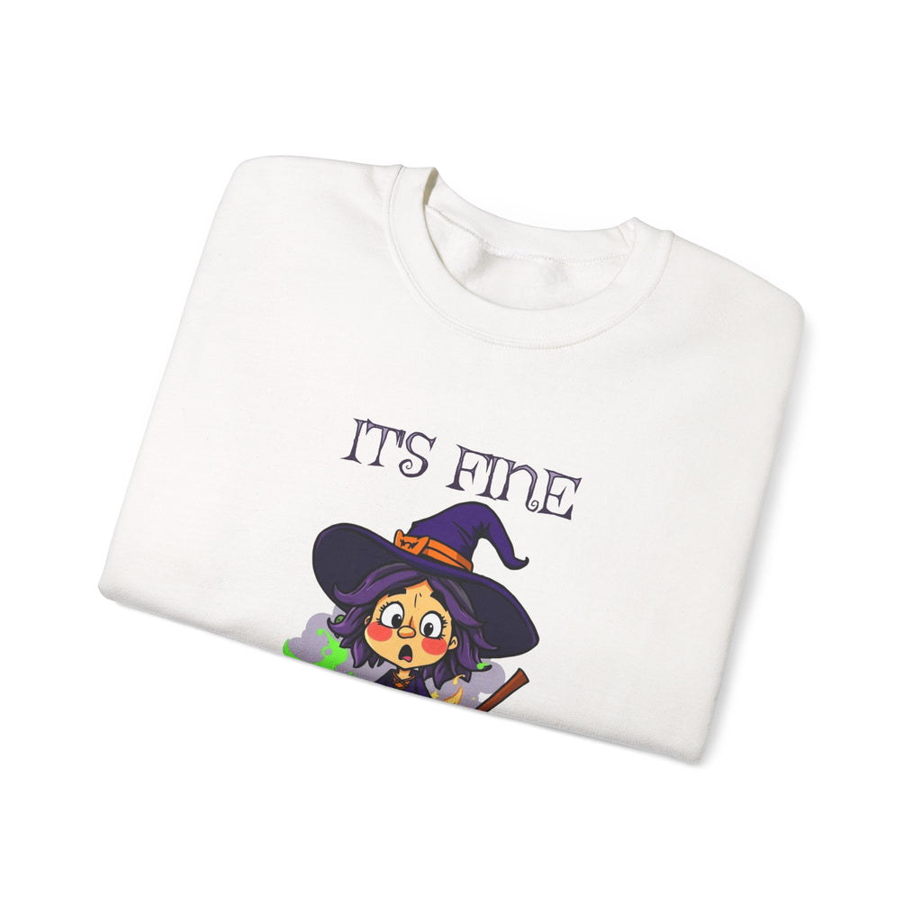Funny Halloween Witch T-Shirt Cute Cartoon Witch with Exploded Cauldron, Spooky Season Graphic Unisex Heavy Blend™ Crewneck Sweatshirt
