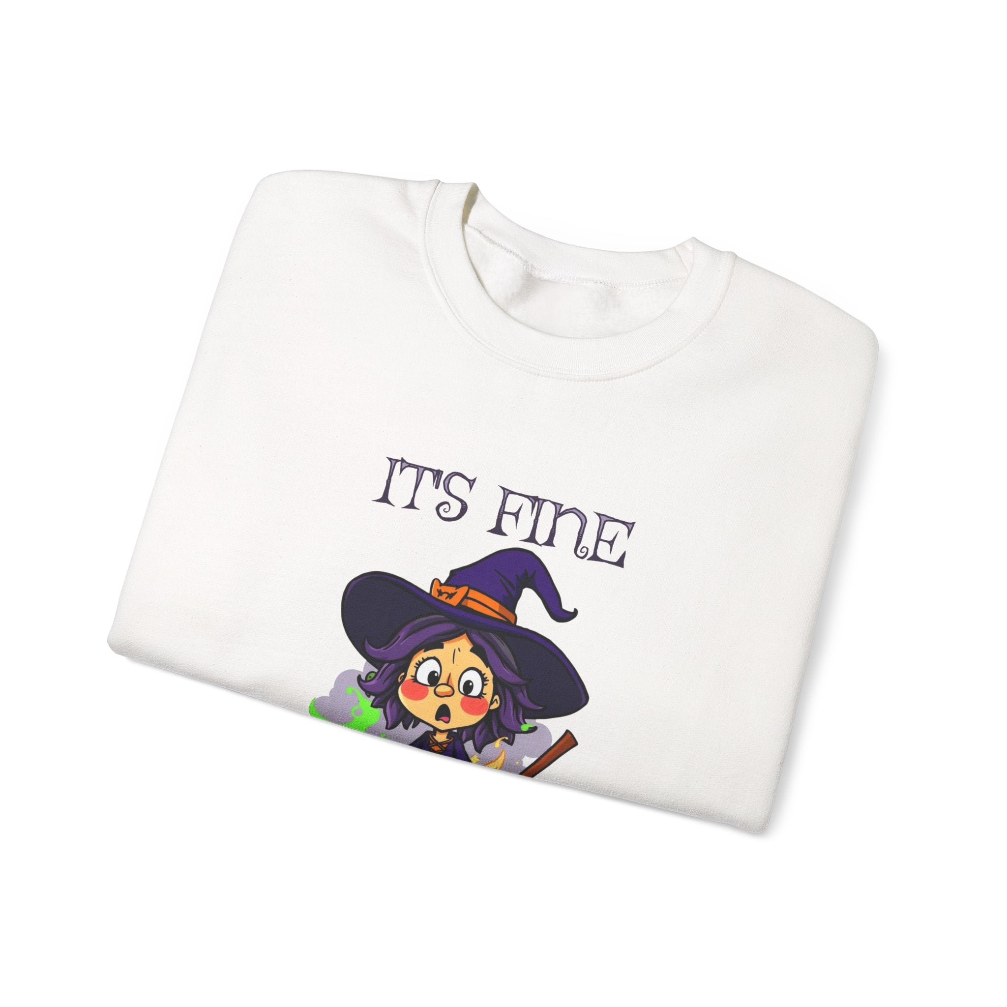 Funny Halloween Witch T-Shirt Cute Cartoon Witch with Exploded Cauldron, Spooky Season Graphic Unisex Heavy Blend™ Crewneck Sweatshirt