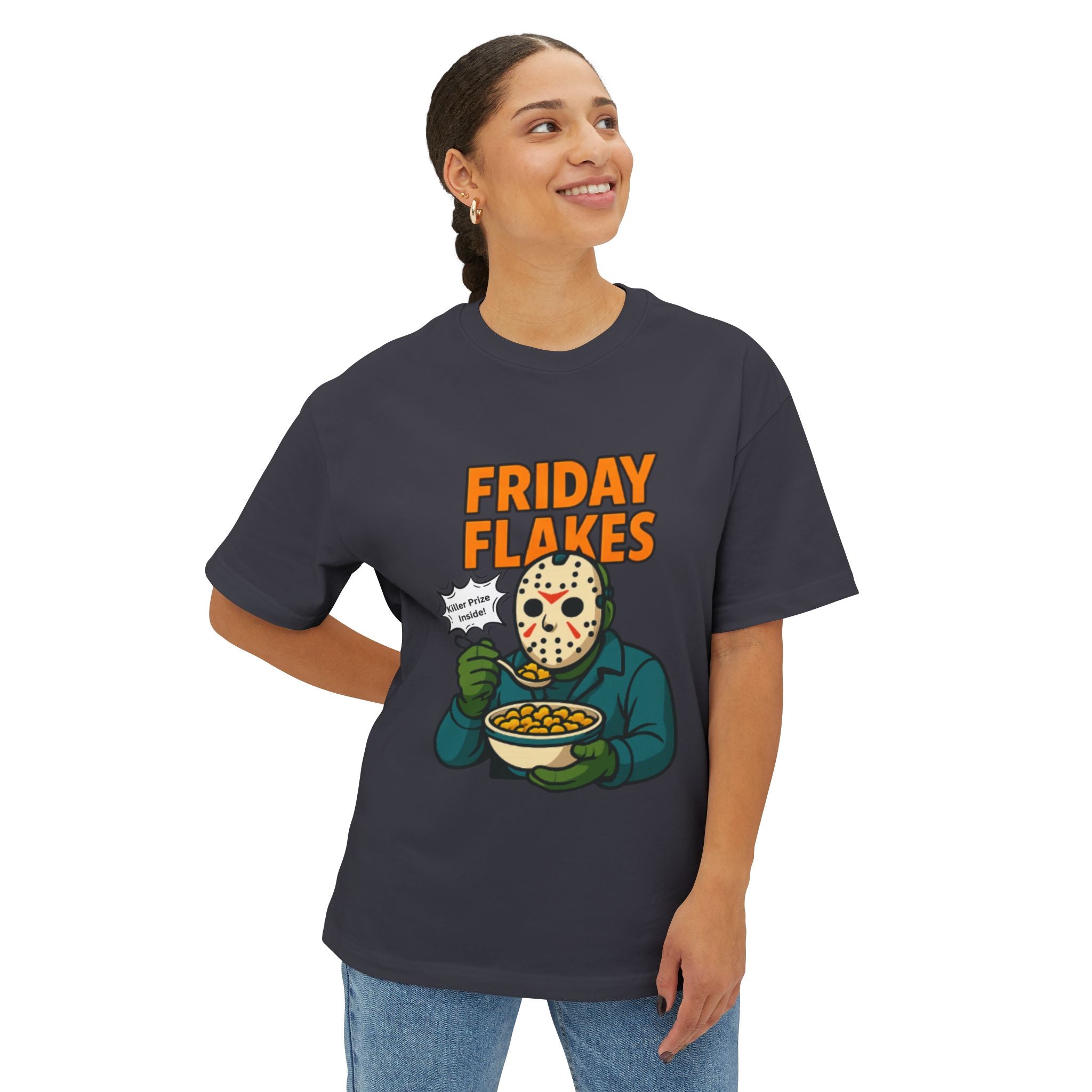 Friday Flakes Unisex Oversized Tee, Funny Graphic T-Shirt, Horror Movie Shirt, Casual Wear, Gift for Fans