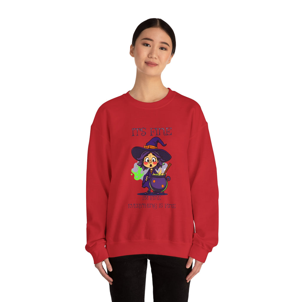 Funny Halloween Witch T-Shirt Cute Cartoon Witch with Exploded Cauldron, Spooky Season Graphic Unisex Heavy Blend™ Crewneck Sweatshirt