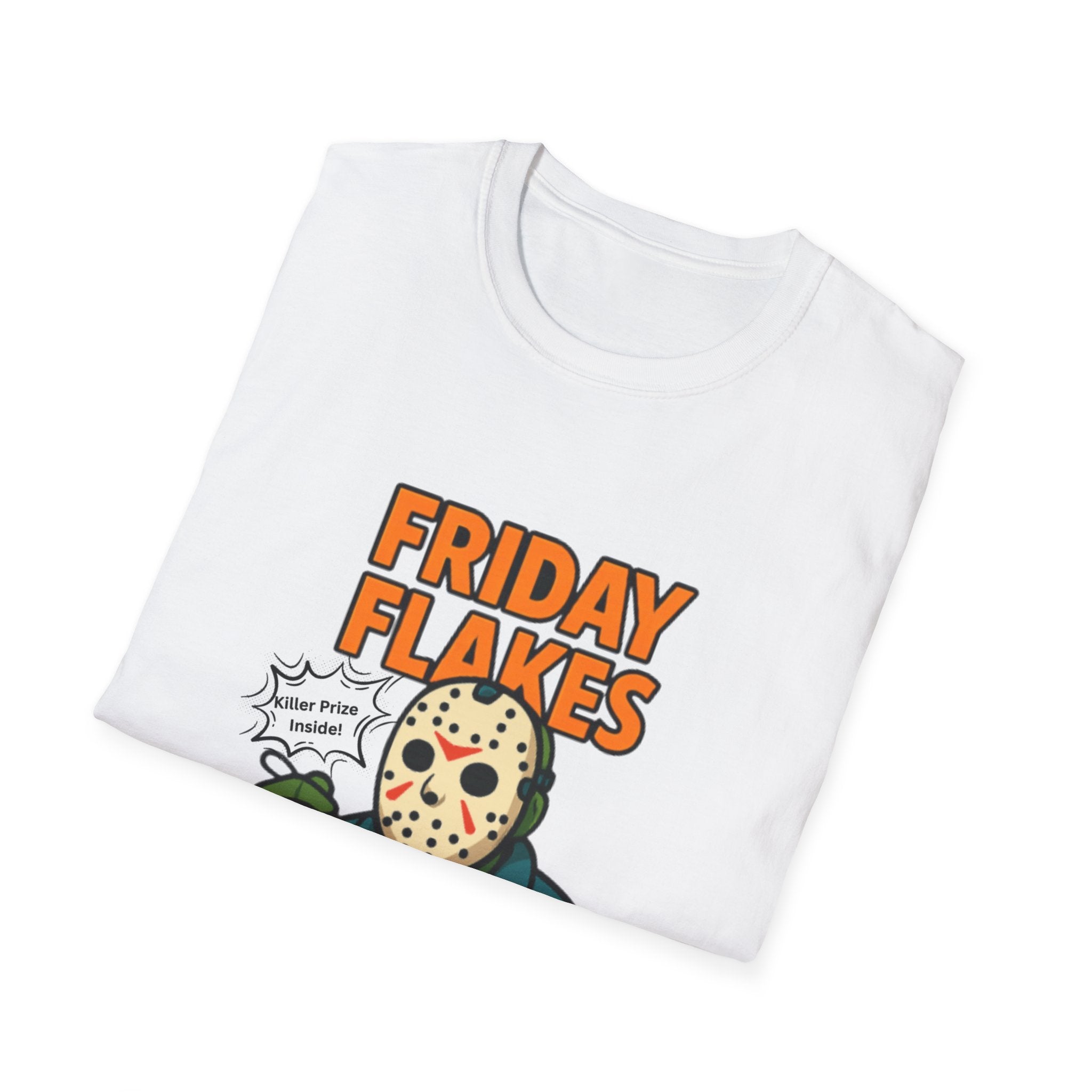 Friday Flakes Unisex Softstyle T-Shirt, Funny Horror Tee, Movie Lover Gift, Halloween Apparel, Casual Wear