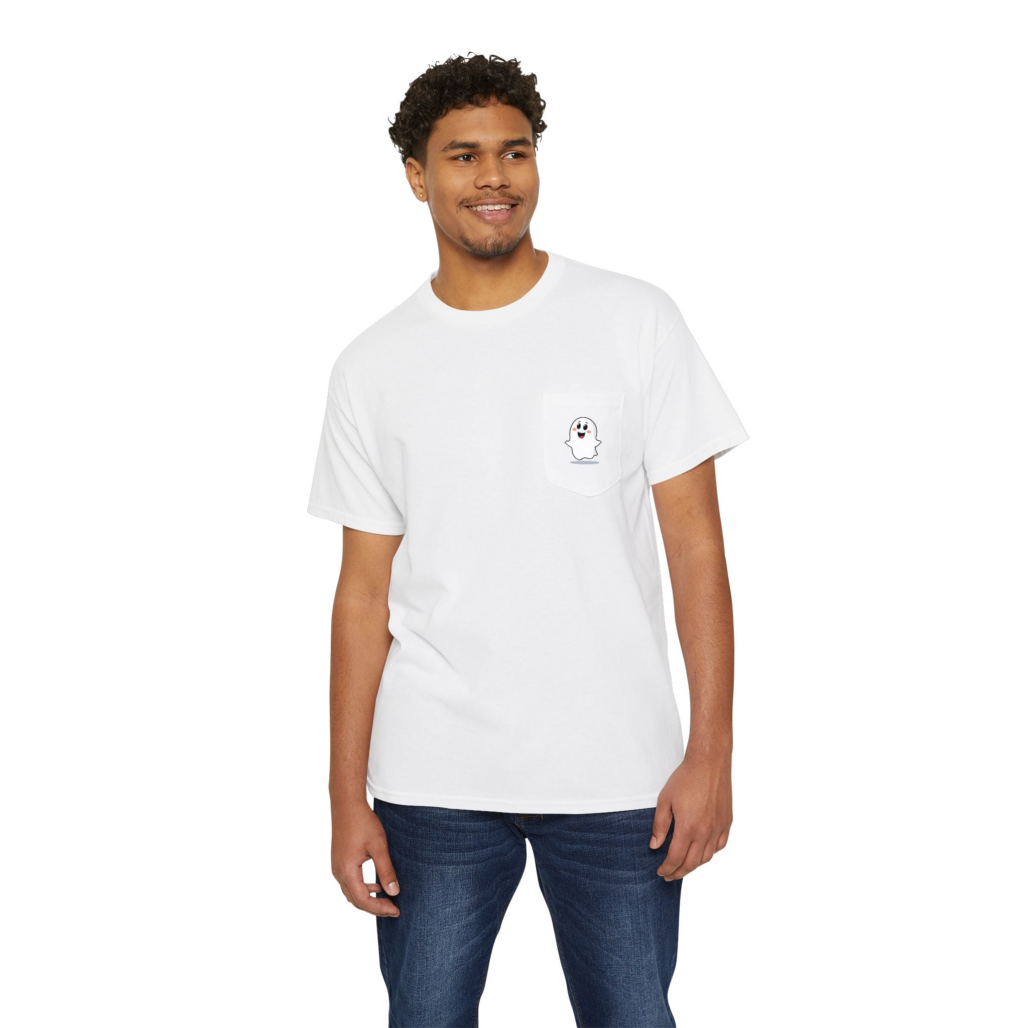 Ghost in My Pocket Unisex Heavy Cotton Tee, Cute Halloween Shirt, Funny Ghost Apparel, Pocket Tee for Fall, Gifts for Trick-or-Treaters