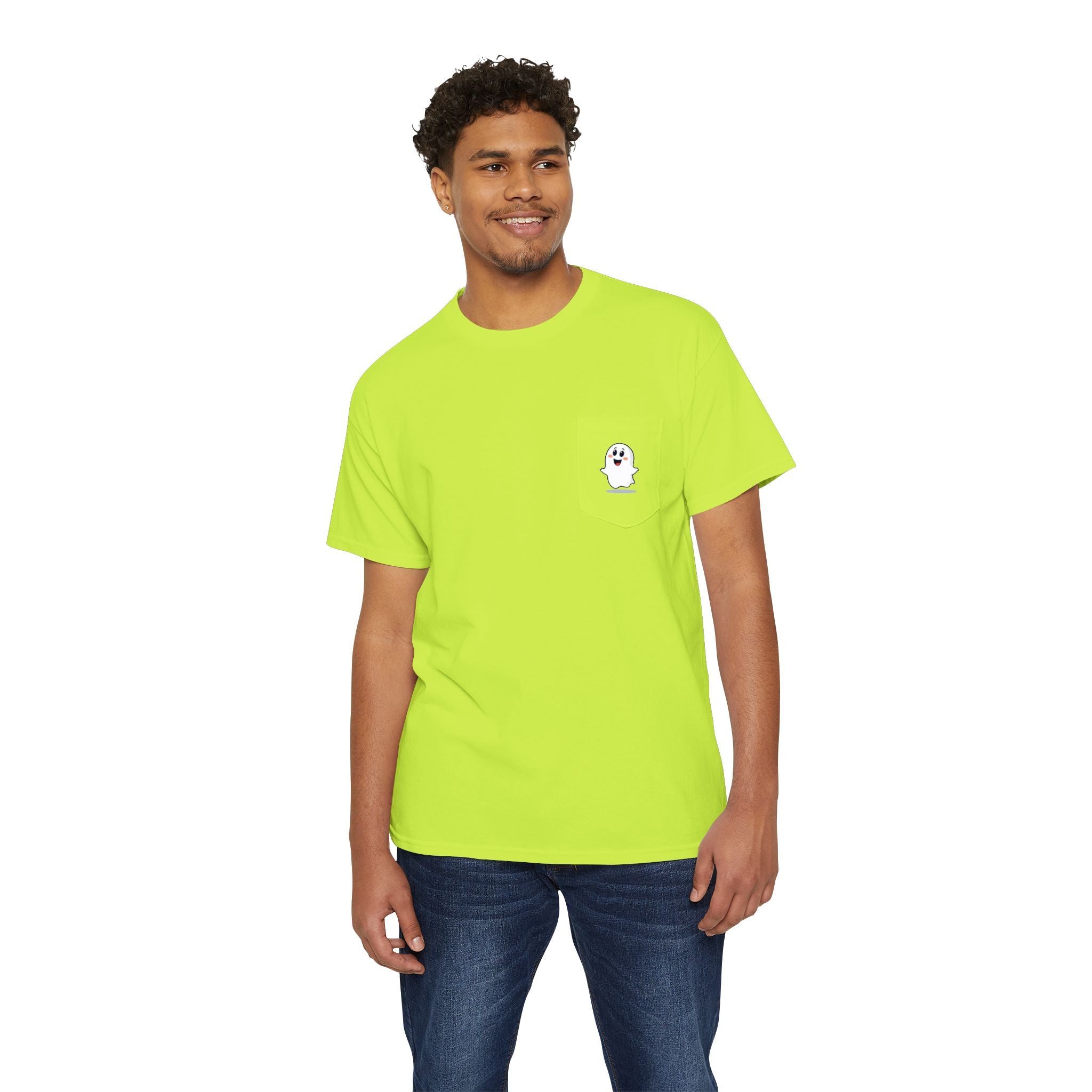 Ghost in My Pocket Unisex Heavy Cotton Tee, Cute Halloween Shirt, Funny Ghost Apparel, Pocket Tee for Fall, Gifts for Trick-or-Treaters