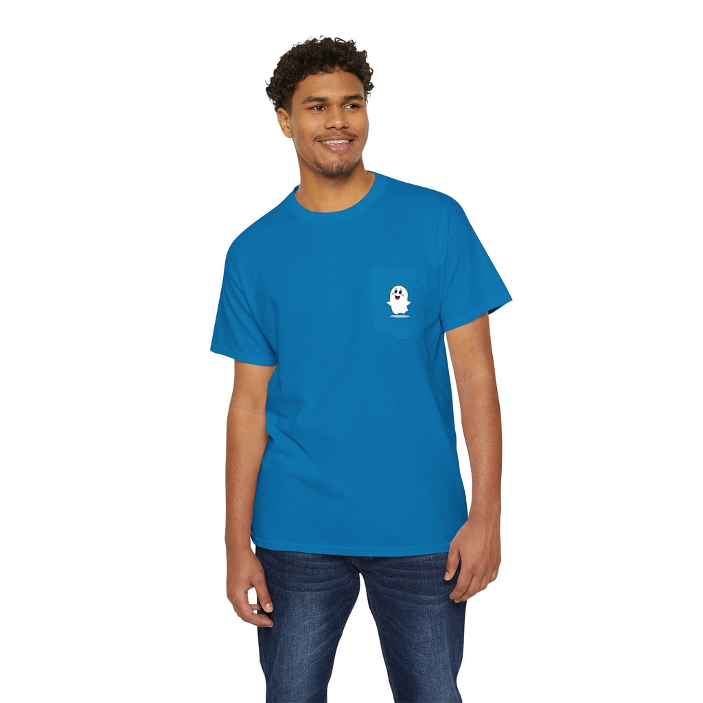 Ghost in My Pocket Unisex Heavy Cotton Tee, Cute Halloween Shirt, Funny Ghost Apparel, Pocket Tee for Fall, Gifts for Trick-or-Treaters