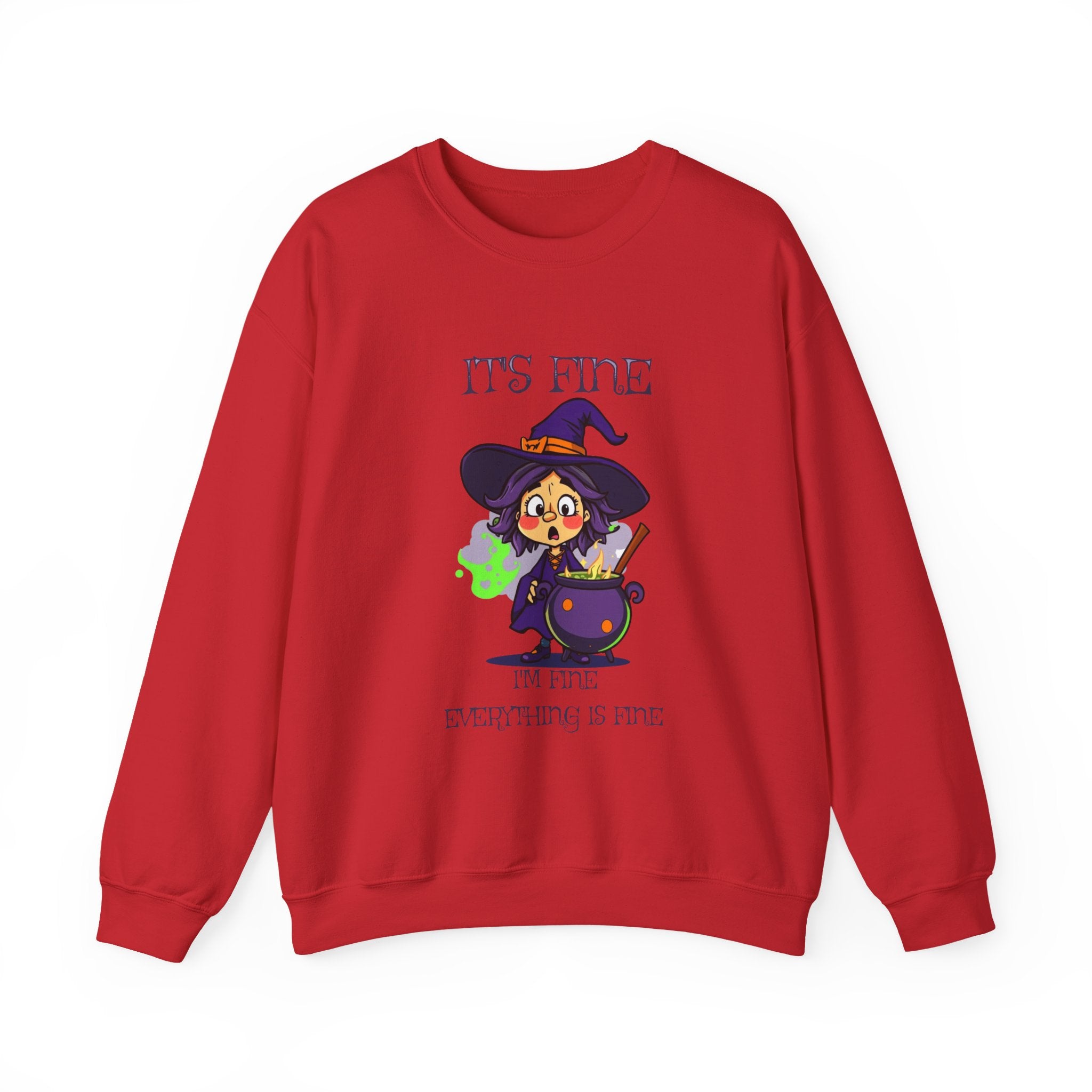 Funny Halloween Witch T-Shirt Cute Cartoon Witch with Exploded Cauldron, Spooky Season Graphic Unisex Heavy Blend™ Crewneck Sweatshirt