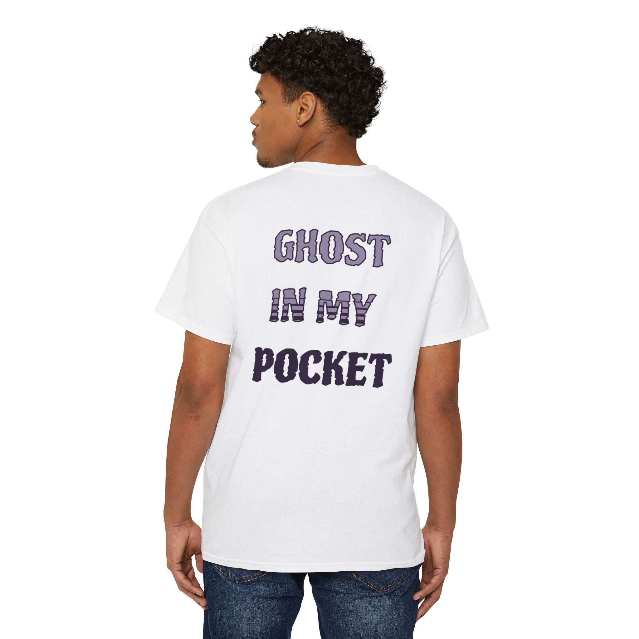 Ghost in My Pocket Unisex Heavy Cotton Tee, Cute Halloween Shirt, Funny Ghost Apparel, Pocket Tee for Fall, Gifts for Trick-or-Treaters