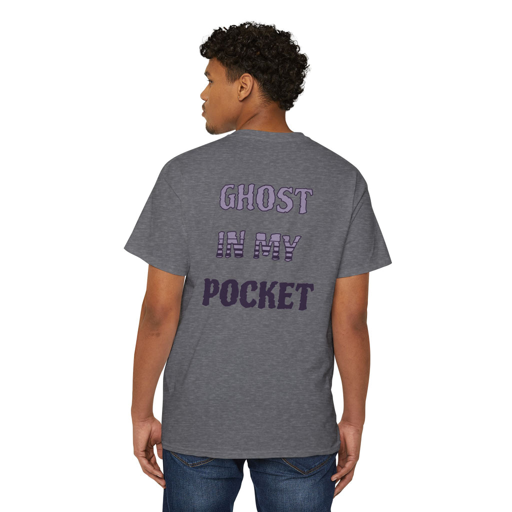 Ghost in My Pocket Unisex Heavy Cotton Tee, Cute Halloween Shirt, Funny Ghost Apparel, Pocket Tee for Fall, Gifts for Trick-or-Treaters