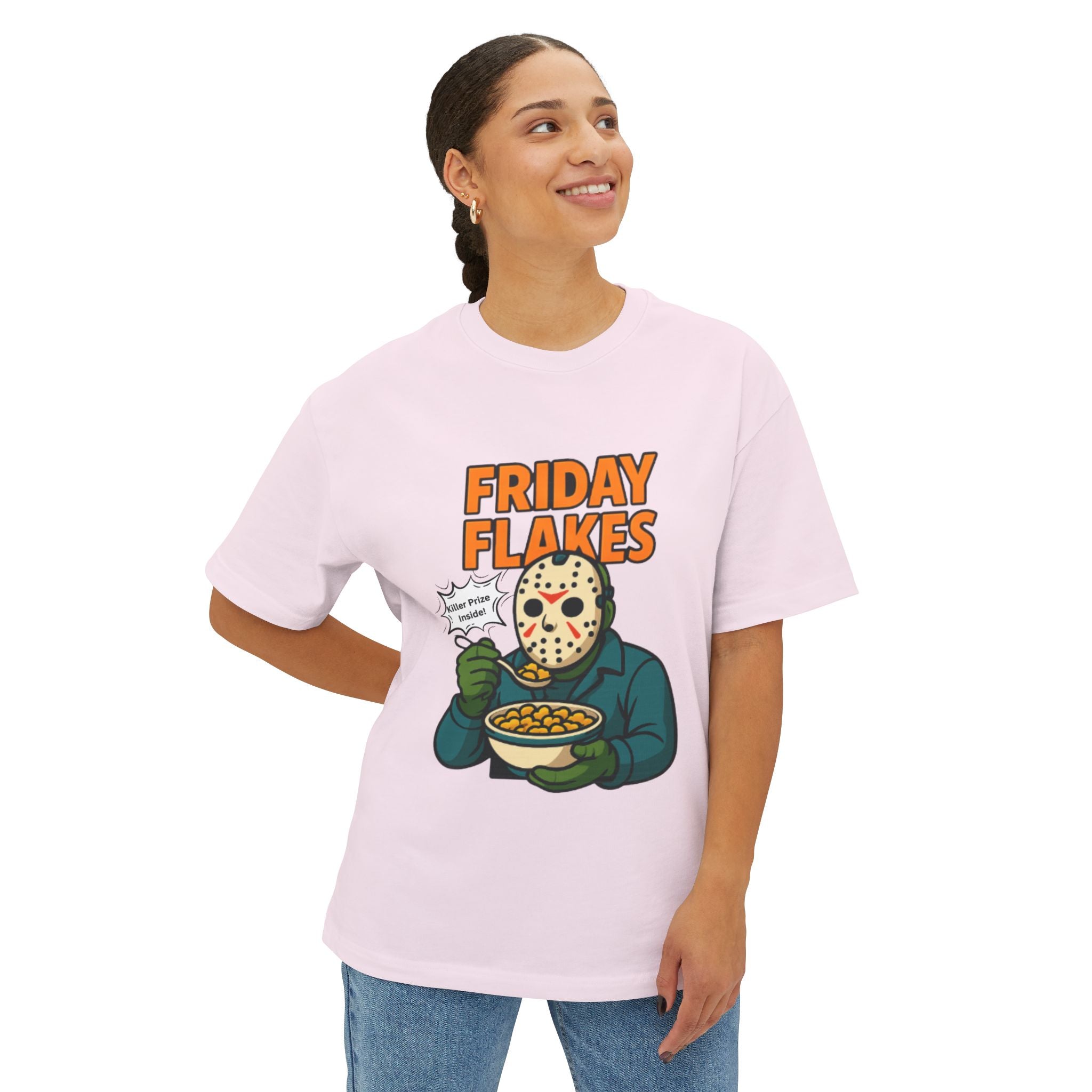 Friday Flakes Unisex Oversized Tee, Funny Graphic T-Shirt, Horror Movie Shirt, Casual Wear, Gift for Fans